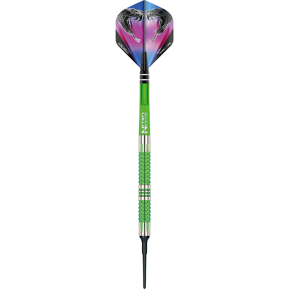 RD1917-Red-Dragon-Peter-Wright-Snakebite-Mamba-2-Softdarts-1ihegDLofLWykx Das Bild zeigt einen Softdart der Marke "Red Dragon Peter Wright Snakebite Mamba 2". Der Dart hat ein auffälliges grünes Griffstück und eine Flight mit Schlangenmotiven.