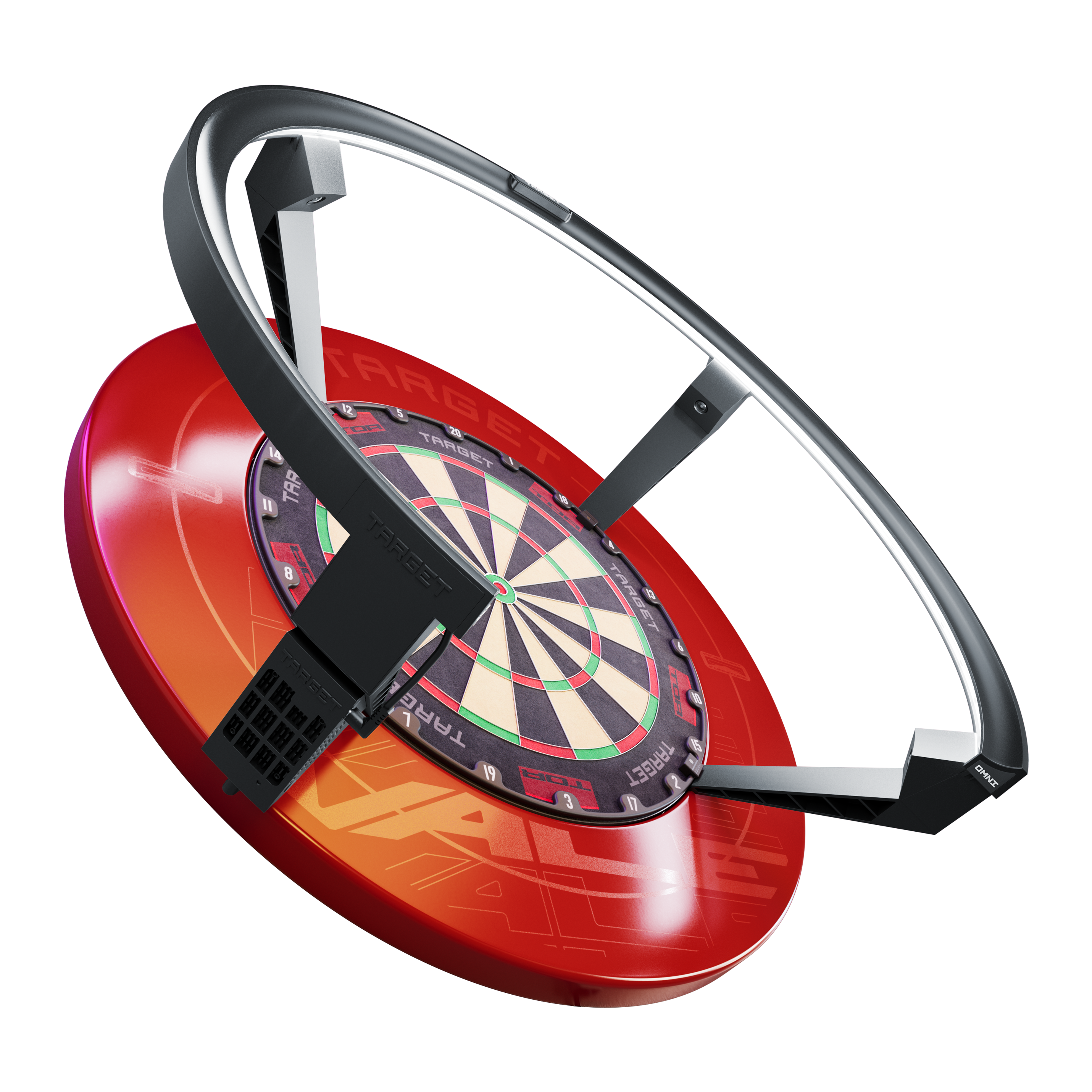 System automatycznego punktowania Target OMNI Das Bild zeigt das Produkt "Target OMNI Auto-Scoring-System", ein innovatives automatisches Punktesystem für Dartscheiben. Es besteht aus einem roten Sockel, einer Dartscheibe und einem großen schwarzen Ring, der über der Scheibe angebracht ist.
