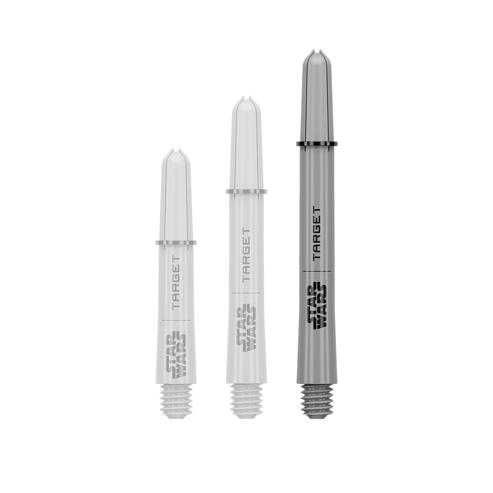 Wałki Target Star Wars ProGrip – szare Das Bild zeigt ein Dart-Zubehör mit dem Dateinamen 380432_Target_StarWars_ProGrip_Shafts_Grau_Medium_48mm_1. Es handelt sich wahrscheinlich um einen einzelnen grauen Medium ProGrip Shaft von Star Wars mit 48mm Länge.
