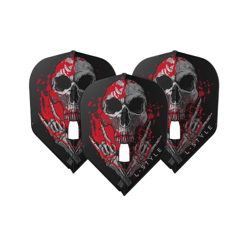 Loty Ryan Searle V3 L3PRO w stylu L, czarne Das Bild zeigt drei schwarze Dart-Flights mit einem auffälligen Totenkopf-Design und roten Farbspritzern. Unten auf den Flights steht der Schriftzug "L-STYLE".