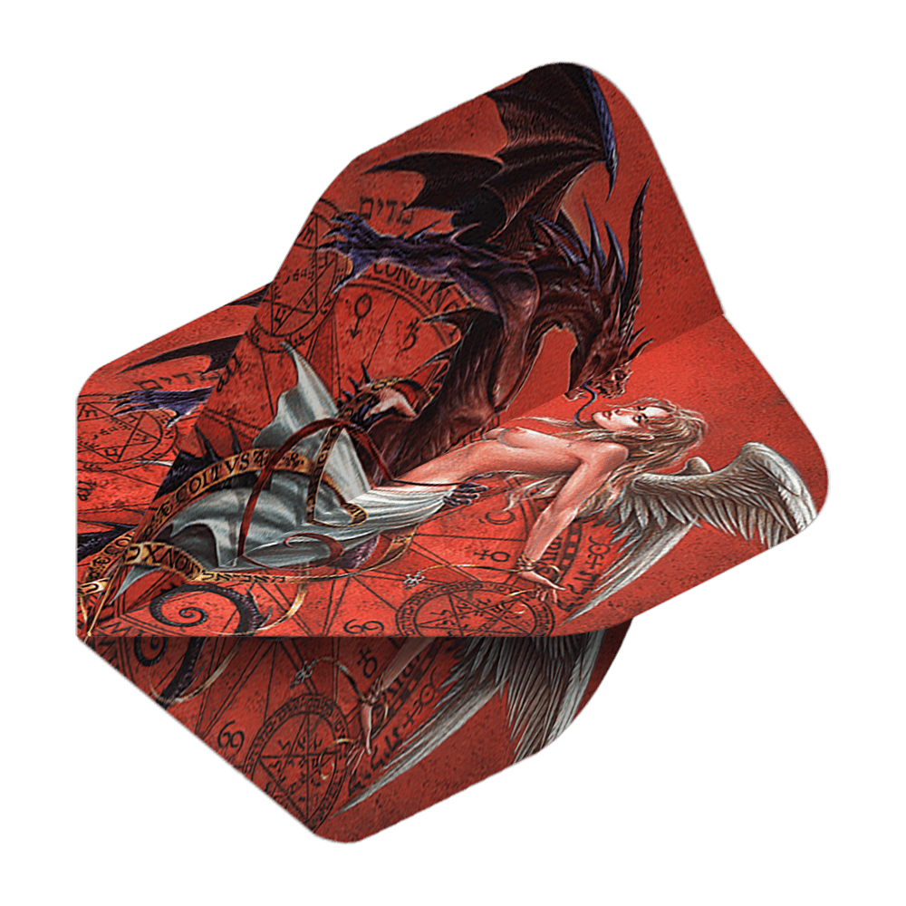 Alchemiczny Ślub Chemiczny Nr 2 Standardowe Loty Das Bild zeigt das Produkt "Alchemy Chemical Wedding No2 Standard Flights". Auf dem Flight ist eine künstlerische Darstellung eines Engels und eines Dämons vor magischen Symbolen zu sehen.