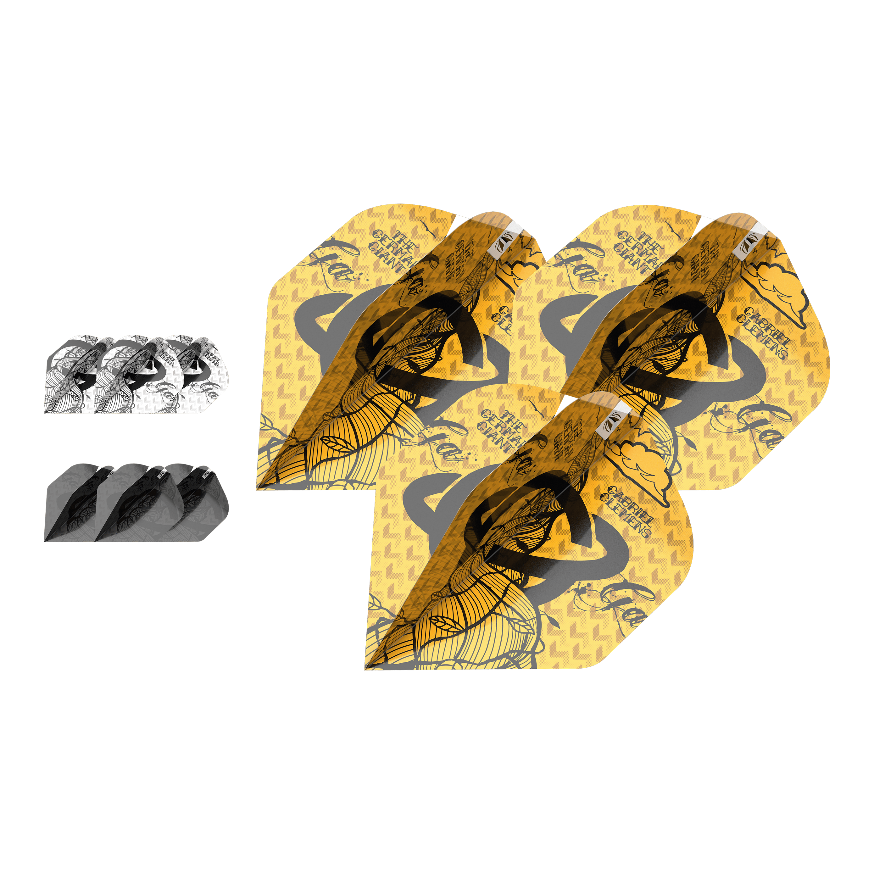 Target Ink Bundle 3 zestawy Gabriel Clemens No2 Standard Flights Das Bild zeigt drei Sets von Gabriel Clemens No2 Standard Flights aus der Target Ink Bundle Kollektion. Die Flights haben unterschiedliche Designs in Gelb, Schwarz und Weiß.