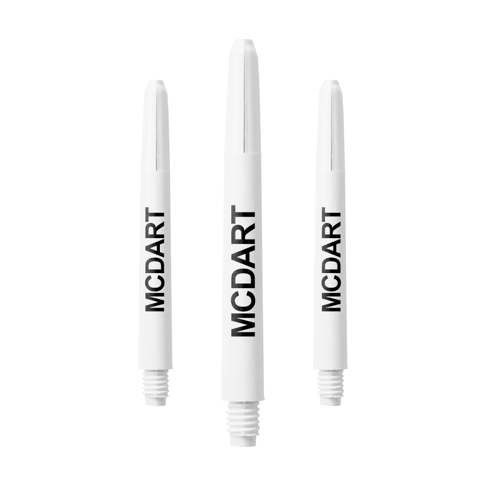 MD-603_Nylon_Shafts_mit_Wunschdruck_Schneeweiss_48mm_1 Das Bild zeigt drei weiße Dartschäfte aus Nylon mit schwarzem Aufdruck "MCDART". Sie sind in unterschiedlichen Längen abgebildet und haben ein Schraubgewinde am unteren Ende.