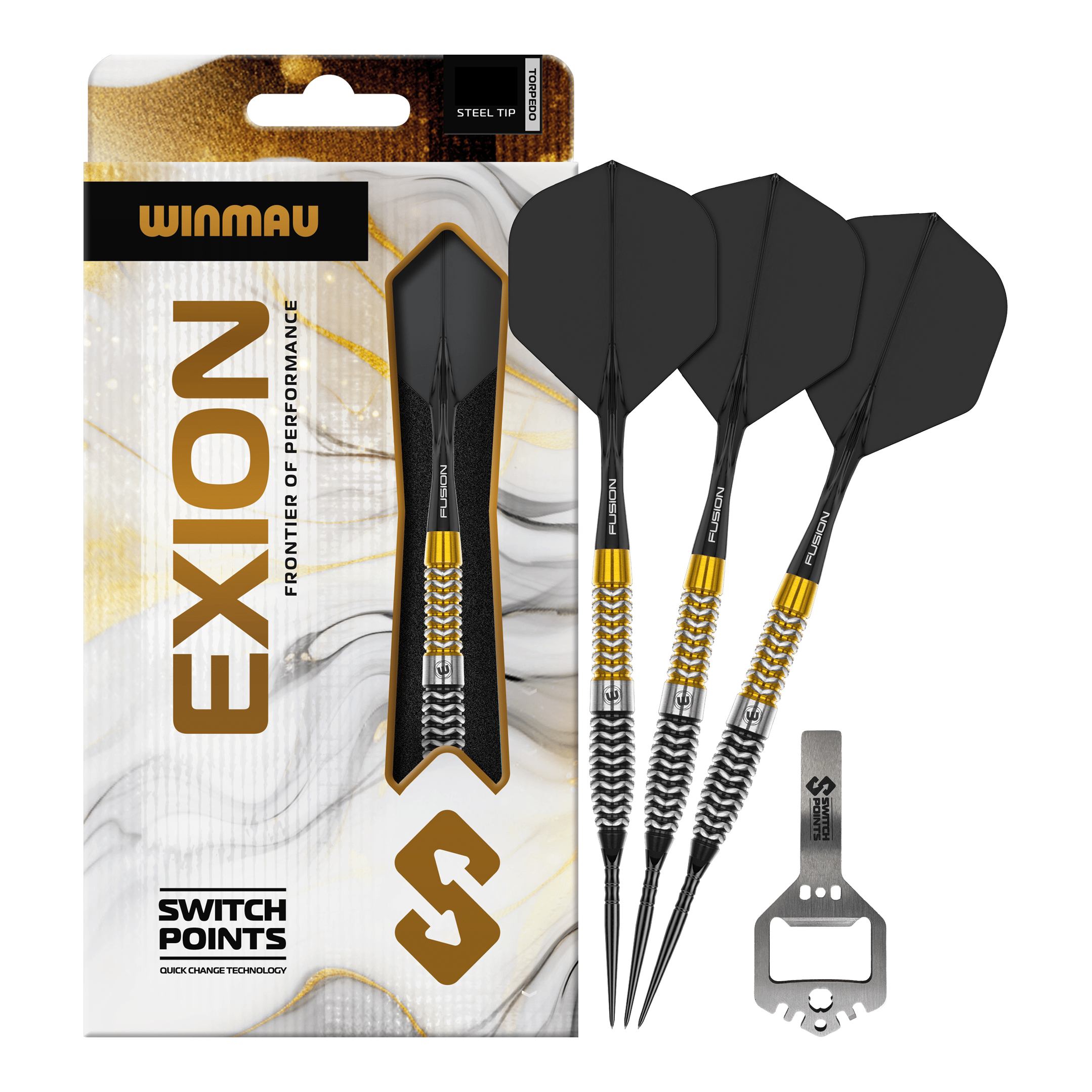 Das Bild zeigt vermutlich Winmau Exion Torpedo Switch Points Steeldarts in voller Ansicht. Es handelt sich um ein Dartprodukt für Dartspieler.