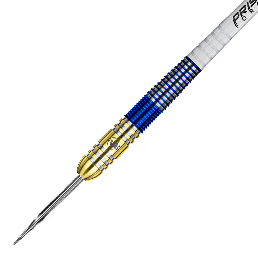 Das Bild zeigt einen Winmau Steve Beaton Tungsten Steeldart. Der Dartpfeil hat ein auffälliges Design mit goldenen und blauen Ringen am Griff.