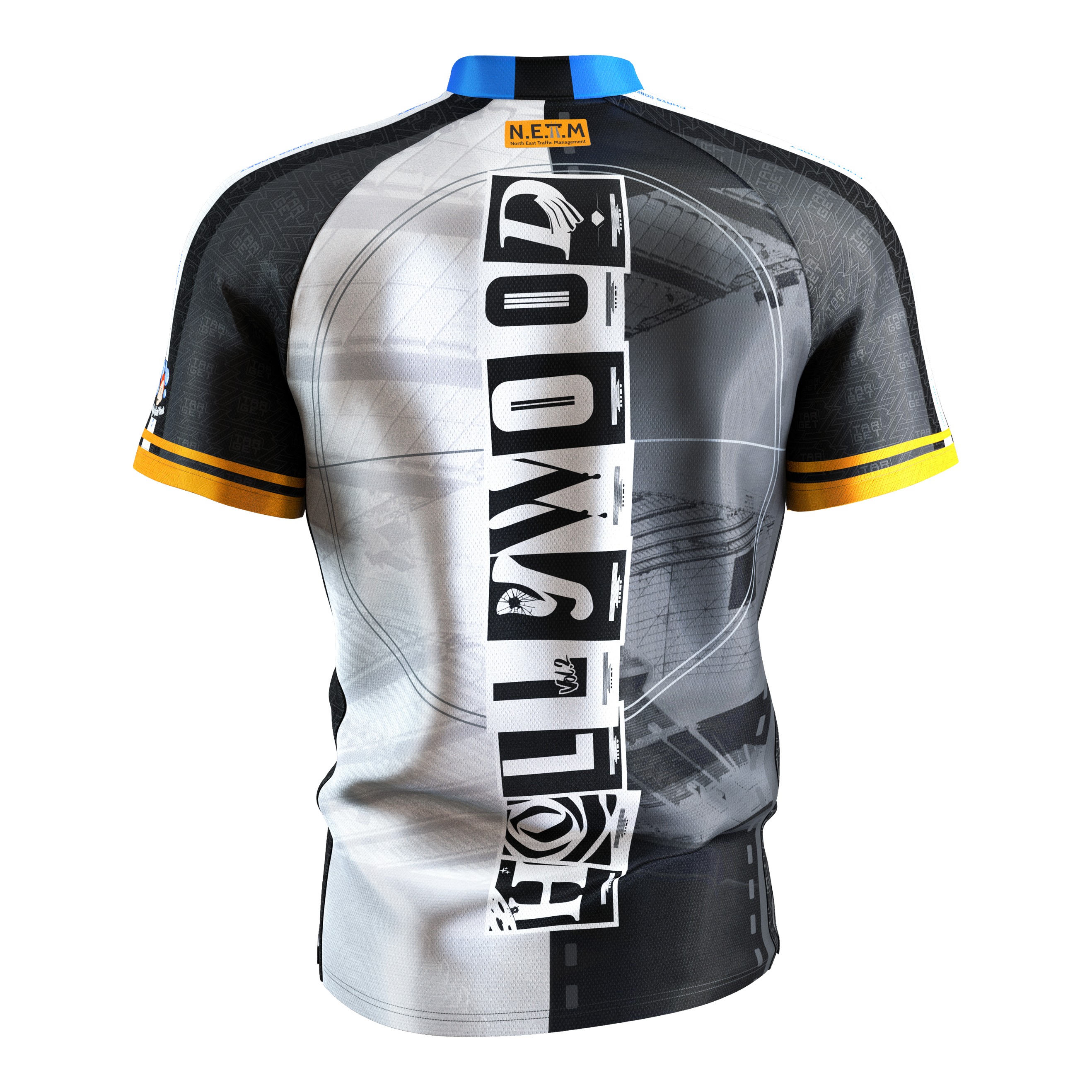 Koszulka do darta Target Coolplay Chris Dobey 2025 Das Bild zeigt das Dartshirt "Target Coolplay Chris Dobey 2025" von hinten. Das Shirt hat ein auffälliges schwarz-weißes Design mit gelben Streifen an den Ärmeln und einem senkrechten Schriftzug in der Mitte.