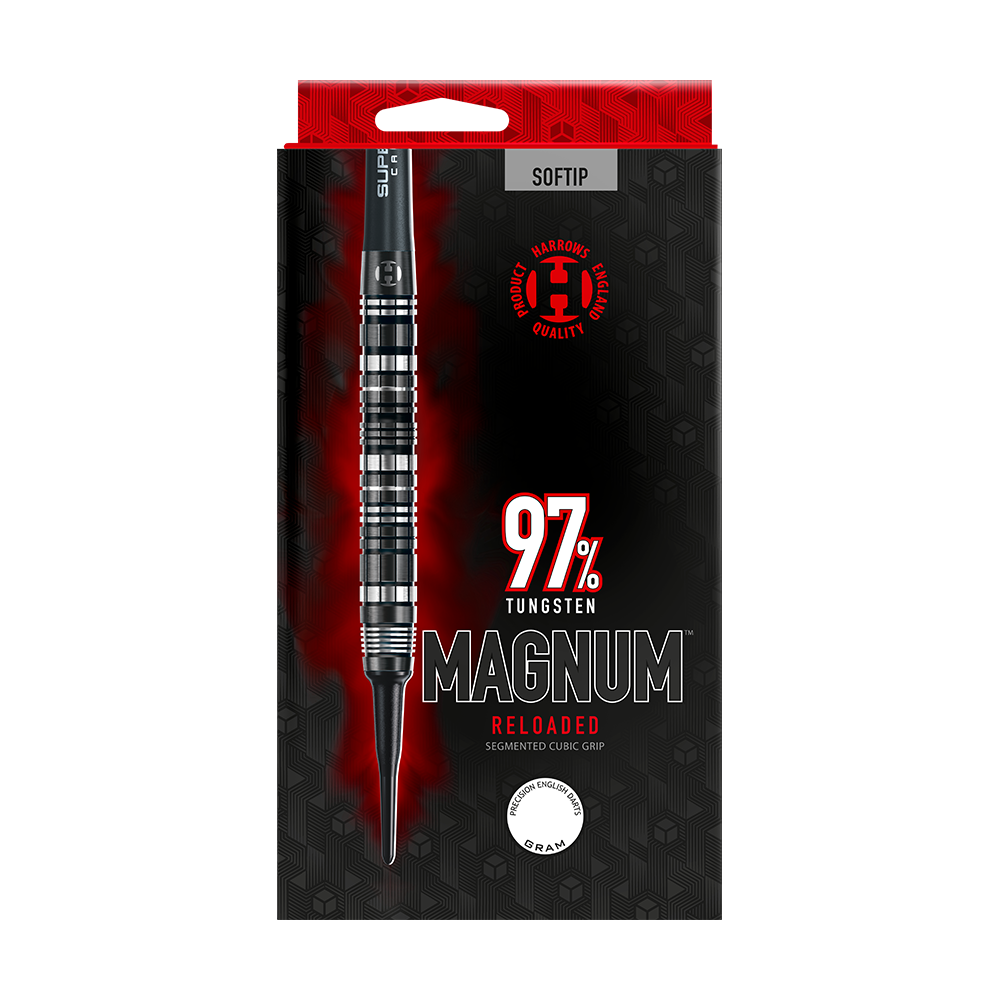 HA29471_Harrows_Magnum_Reloaded_Softdarts_3 Die Abbildung zeigt die Verpackung der "Harrows Magnum Reloaded Softdarts". Auf der Verpackung steht, dass die Darts aus 97% Tungsten bestehen und einen segmentierten Cubic Grip haben.