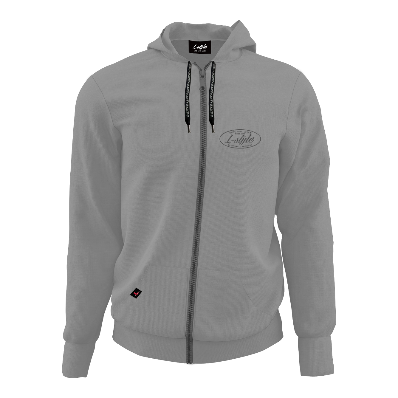 Bluza z kapturem w stylu L - szara Der Hoodie „L-Style Hoodie - Grau“ ist grau, hat eine Kapuze und einen durchgehenden Reißverschluss. Auf der linken Brust befindet sich ein dezentes L-Style Logo.