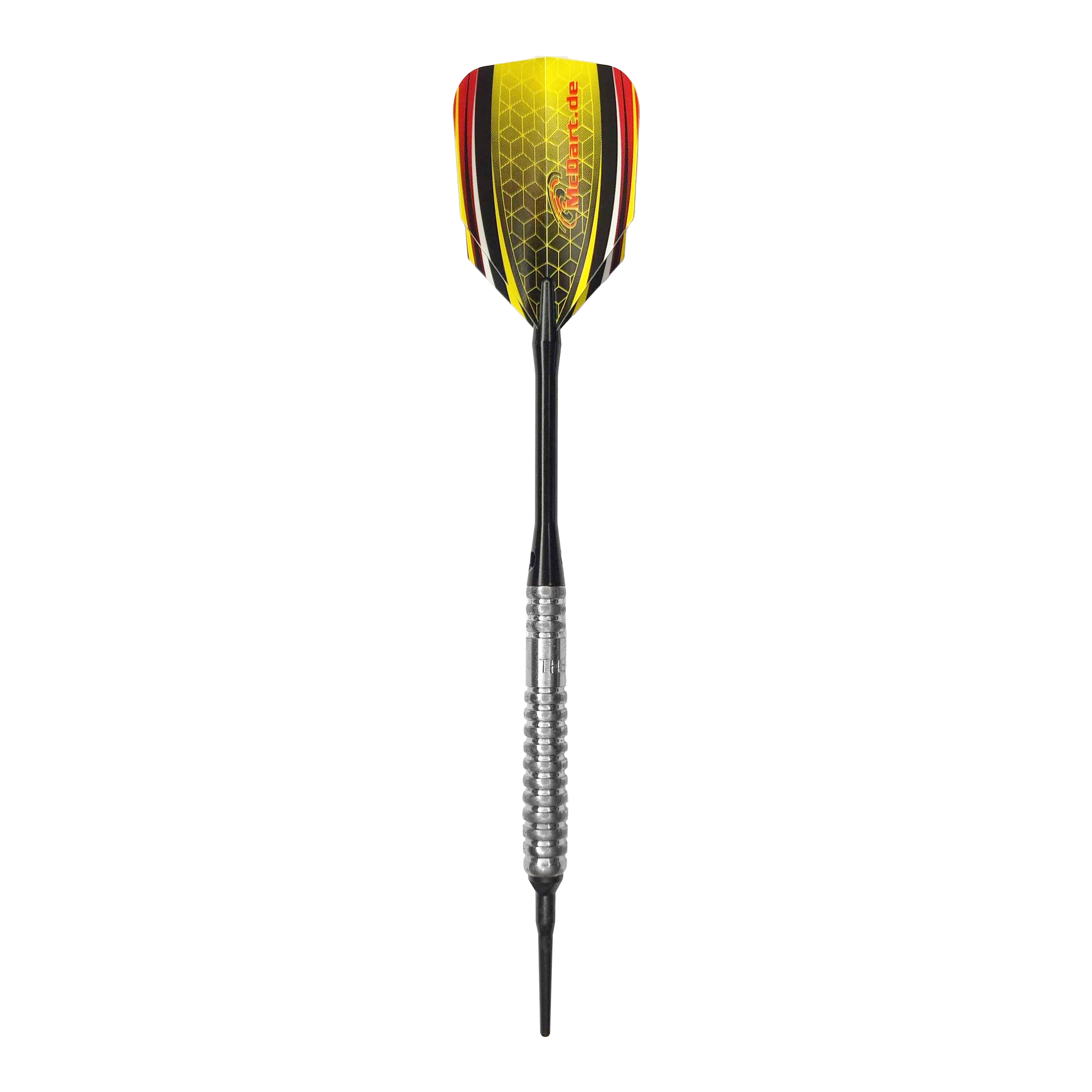 Lotki McDart 85 Tungsten V20 Soft Darts - 17g Dies ist ein Softdart namens "McDart 85er Tungsten V20" mit einem Gewicht von 17g. Der Dart hat einen silbernen Griff und gelb-schwarze Flights mit roten Akzenten.