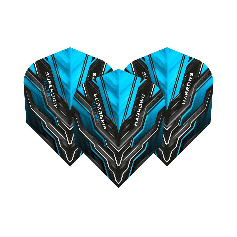 HR10_Harrows_Supergrip_Ultra_Aqua_Standard_Flights_1kxTRVLaIi32xx Das Bild zeigt drei Dart-Flights des Modells "Harrows Supergrip Ultra Aqua Standard". Die Flights sind in den Farben Blau, Schwarz und Weiß gestaltet und tragen den Schriftzug "Harrows" und "Supergrip Ultra".
