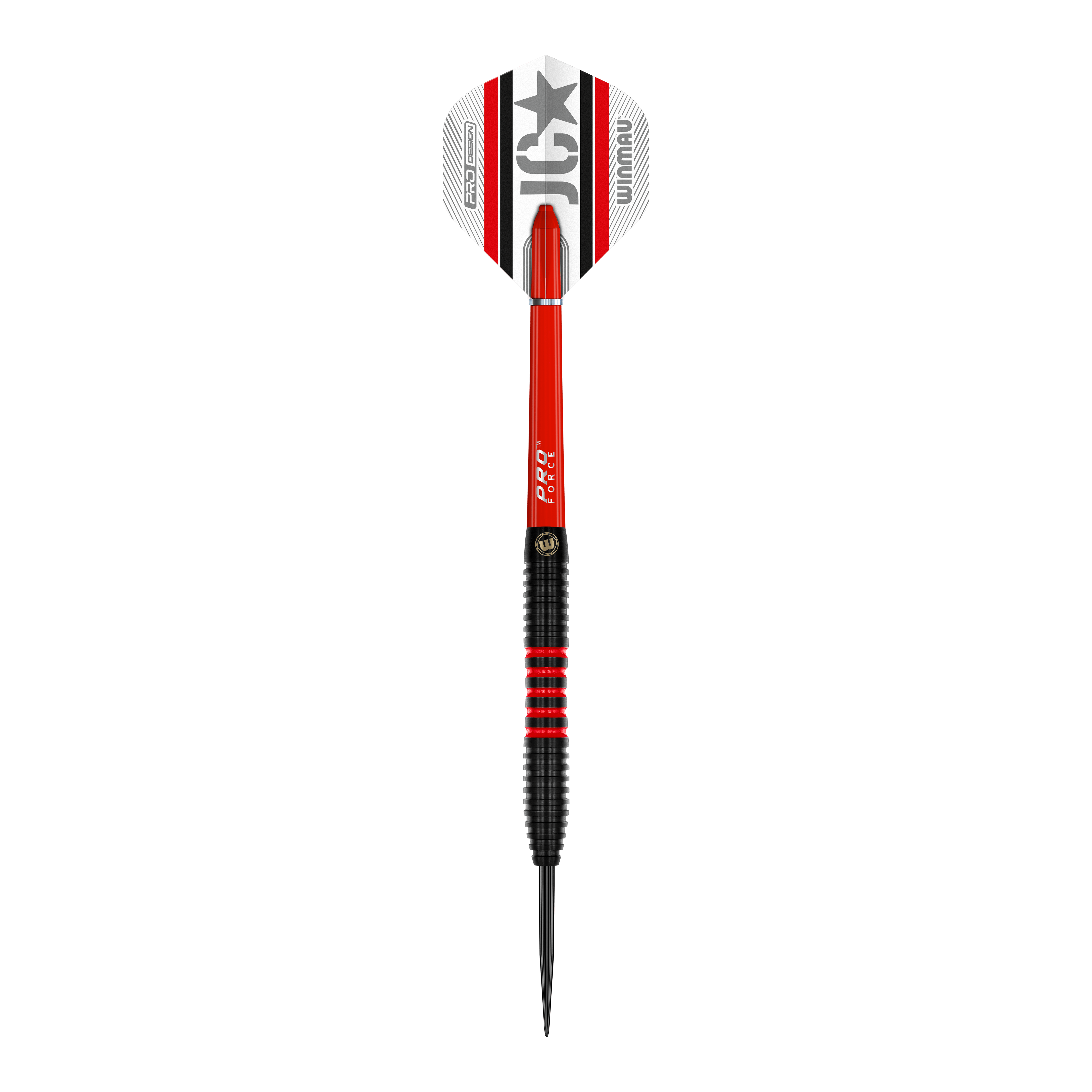 Stalowe lotki Winmau Joe Cullen 85 Pro-Series Das Bild zeigt einen Winmau Joe Cullen 85 Pro-Series Steeldart. Der Dart ist überwiegend schwarz und rot mit weißen Elementen und einem auffälligen Flights-Design.