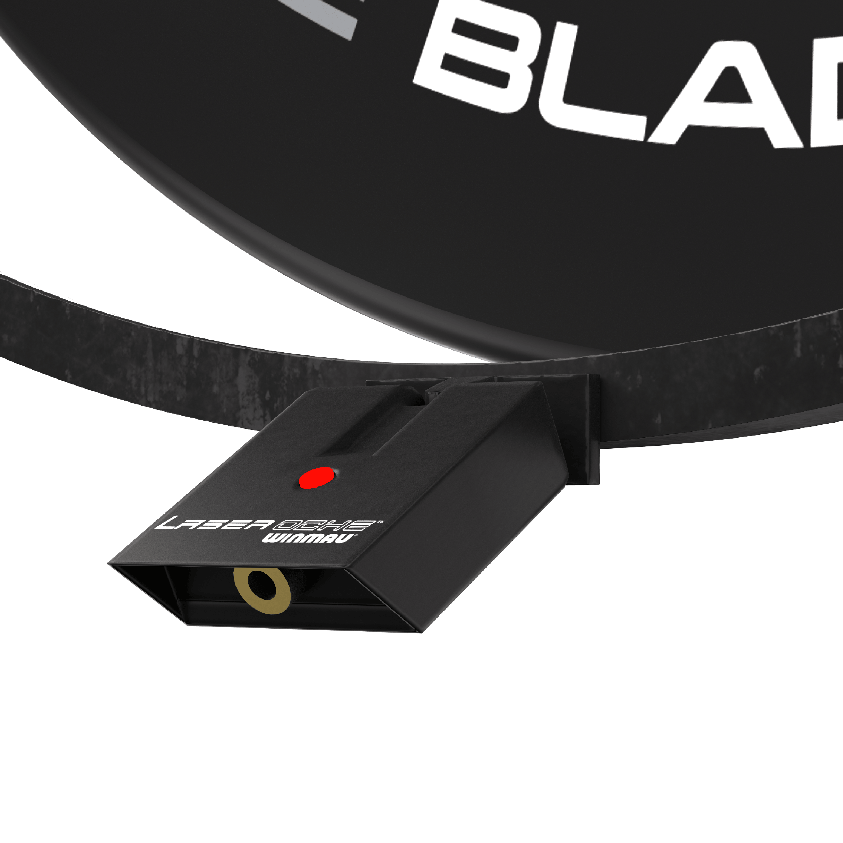 Zestaw akcesoriów plazmowych Winmau Das Bild zeigt das Winmau Plasma Zubehör Set, das an einem Dartboard befestigt ist. Sichtbar ist ein schwarzes Gerät mit der Aufschrift "Laser Oche Winmau" und einem roten Knopf.