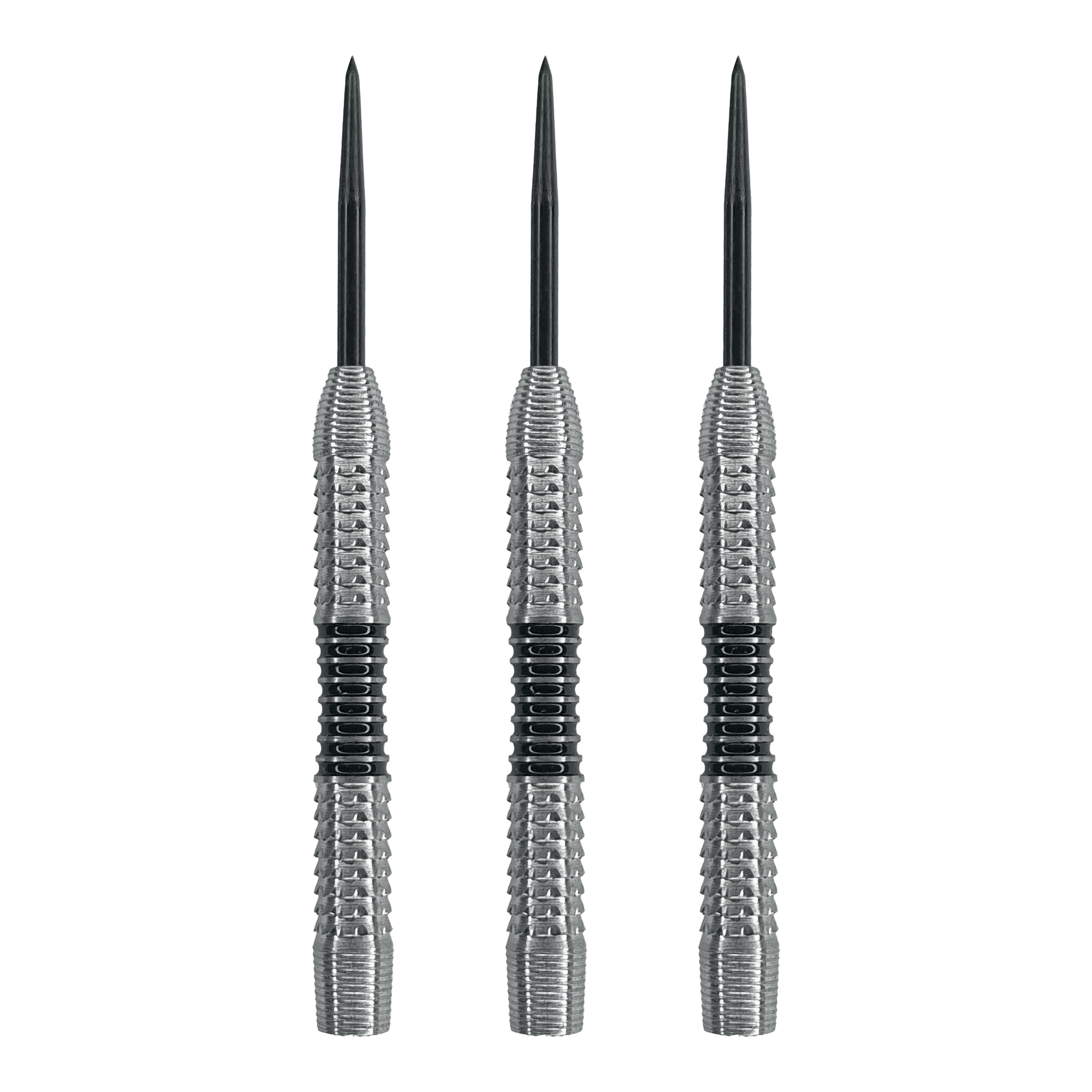 McDart Black Stripe 2 stalowe lufy do rzutek - 22 g Das Bild zeigt drei Steeldart-Barrels mit silberner Oberfläche und schwarzen Ringen in der Mitte. Es handelt sich um das Produkt "McDart Black Stripe 2 Steeldart-Barrels - 22g".