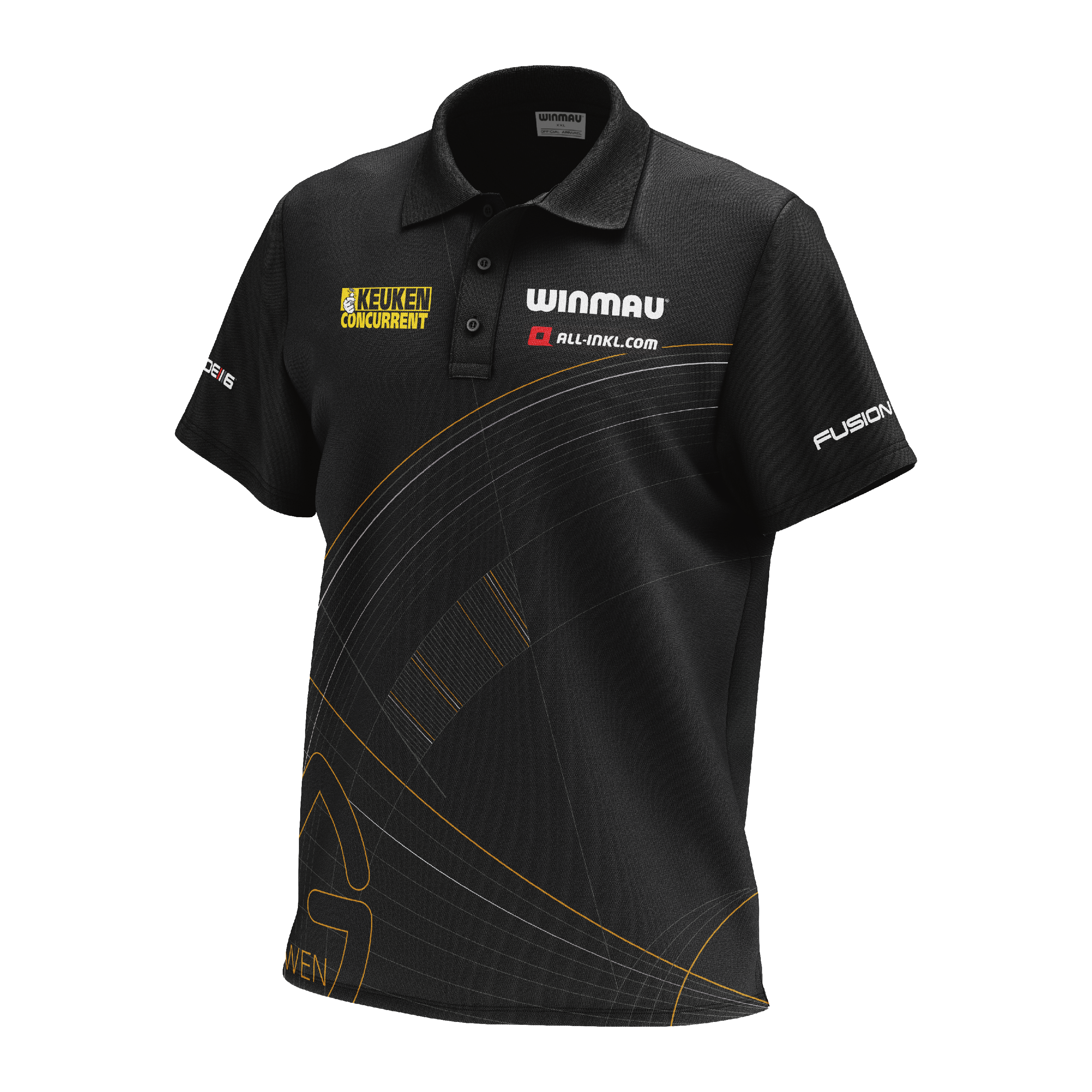 Das Bild zeigt das "Winmau Limited Edition Tour Polo Dartshirt" in Schwarz mit gelben und weißen Logos. Das Shirt hat kurze Ärmel, einen Kragen und ein modernes Linienmuster auf der Vorderseite.