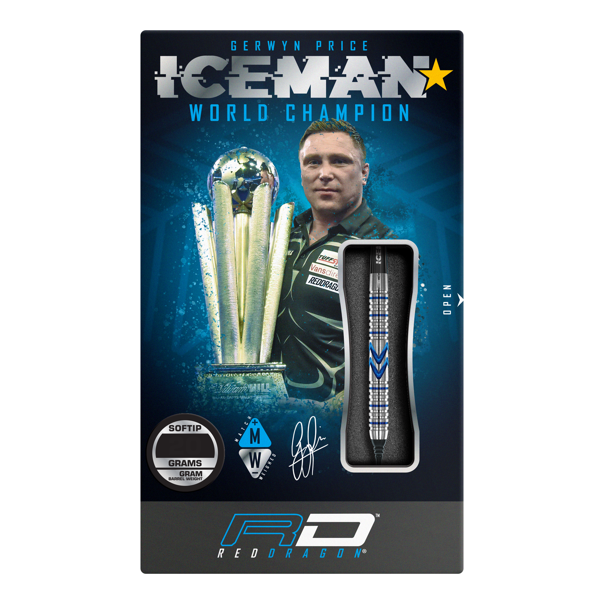 Czerwone lotki do gry Red Dragon Gerwyn Price Iceman Midnight Edition Soft Darts – 20 g Die Verpackung zeigt die Red Dragon Gerwyn Price Iceman Midnight Edition Softdarts mit einem Gewicht von 20g. Auf der Vorderseite sind ein Bild von Gerwyn Price und ein Dartpfeil abgebildet.