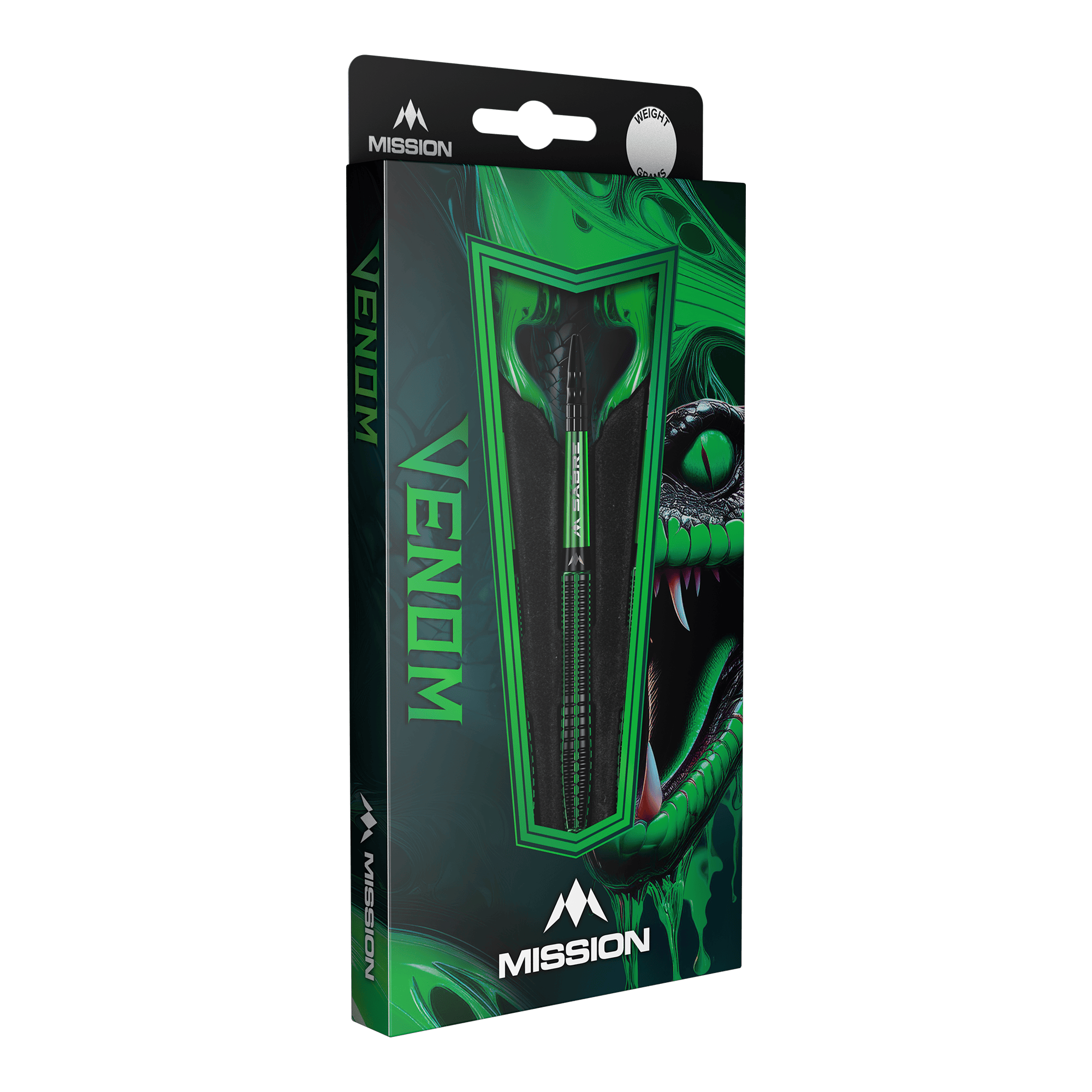 Stalowe rzutki Mission Venom Die Abbildung zeigt eine Packung der "Mission Venom Steeldarts". Die Verpackung ist hauptsächlich grün und schwarz gestaltet und zeigt ein auffälliges Schlangendesign.