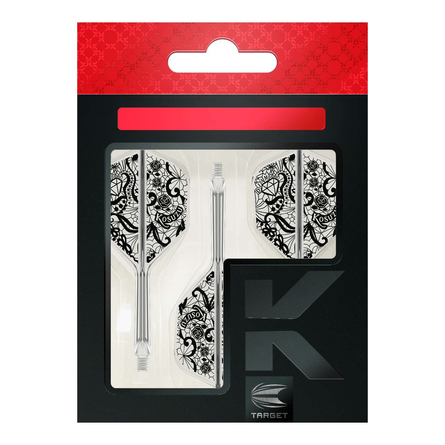 Das Bild zeigt die Verpackung des Produkts "Target Japan K-Flex Diamond No6 Flight-Shaft-System". Zu sehen sind drei transparente Dartschäfte mit weißen Flights, die ein detailliertes, schwarzes Muster haben.