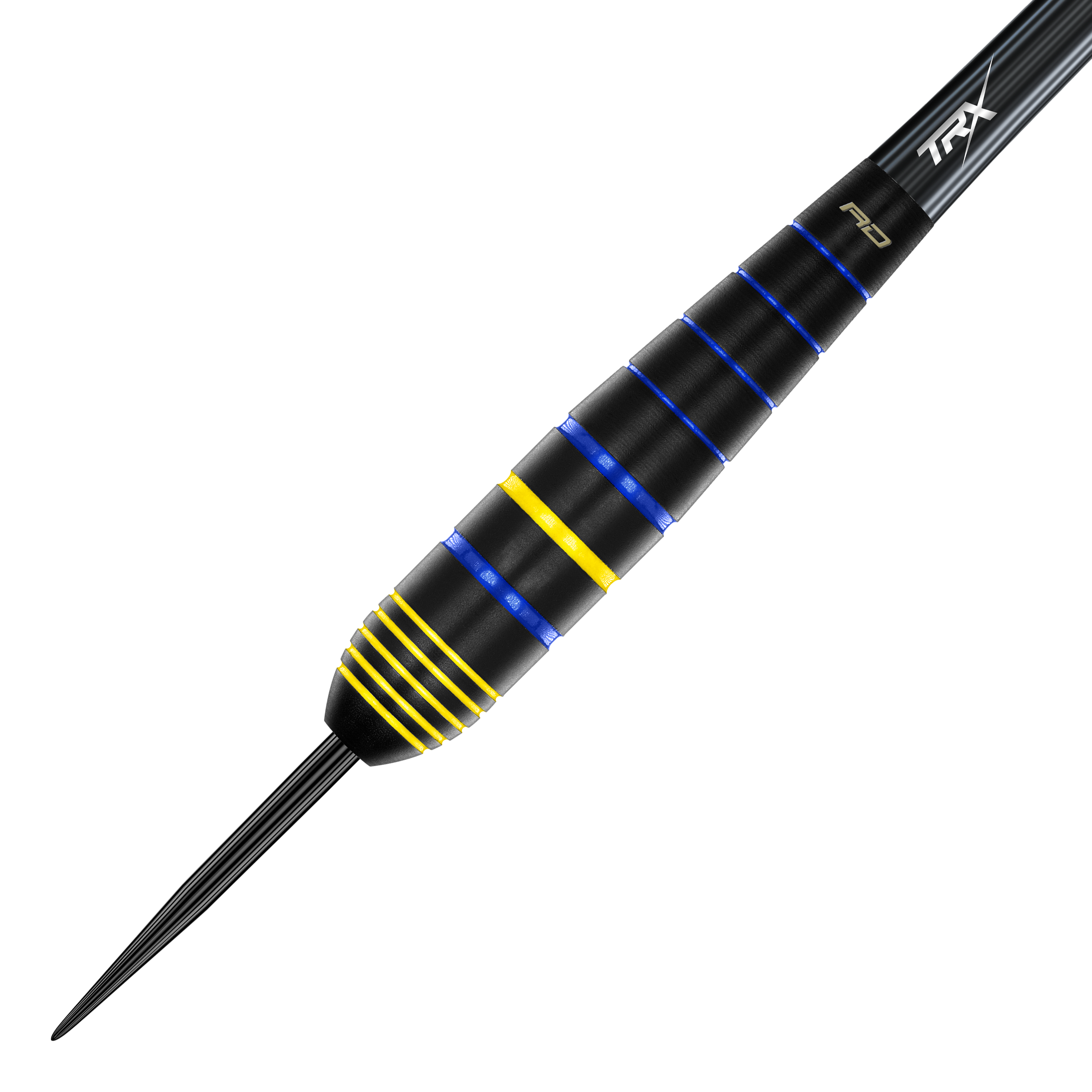 Rzutki Red Dragon Luke Humphries World Champion Brass Steel Das Bild zeigt einen Red Dragon Luke Humphries World Champion Brass Steeldart. Der Dart ist schwarz mit blauen und gelben Ringen verziert.