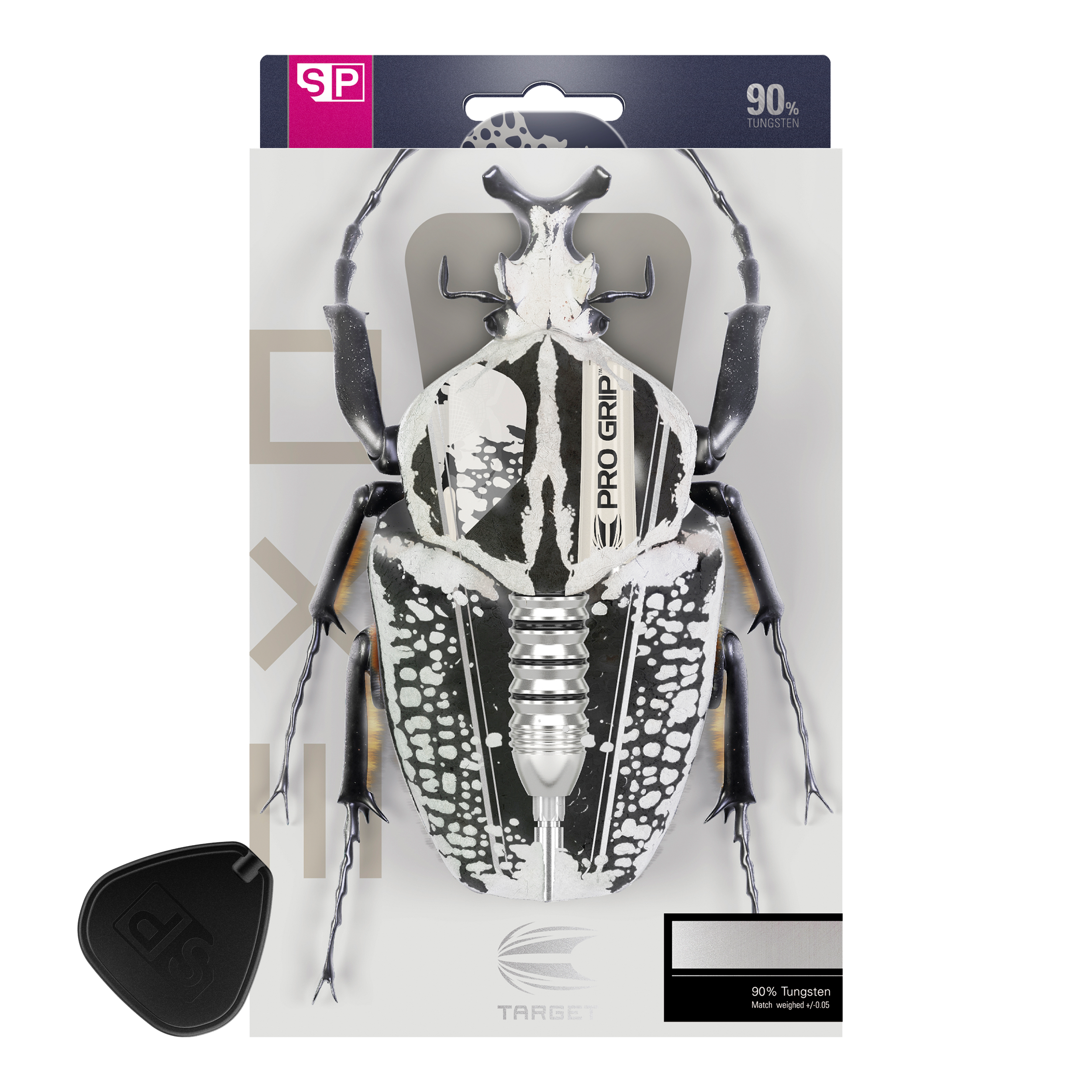 Stalowe lotki Target EXO SP01 Swiss Point Das Bild zeigt die Verpackung der Target EXO SP01 Swiss Point Steeldarts. Auf der Verpackung ist ein stilisierter Käfer abgebildet, in dessen Körper der Dartpfeil integriert ist.