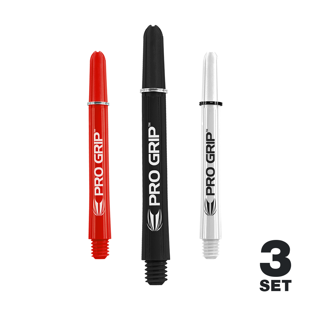 Auf dem Bild sind drei Dartschäfte in den Farben Rot, Schwarz und Weiß zu sehen. Jeder Schaft trägt die Aufschrift "PRO GRIP" und unten rechts steht "3 SET".