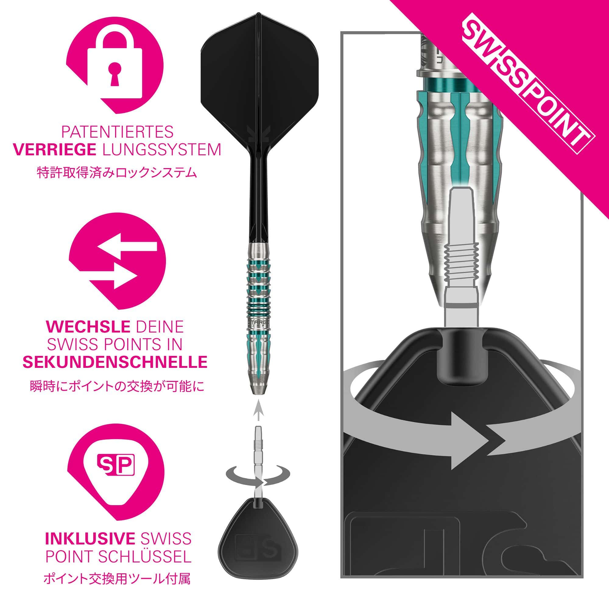 Lotki stalowe Target Japan Black Marque Pierce Swiss Point Das Bild zeigt das Produkt Target Japan Black Marque Pierce Swiss Point Steeldarts. Die Steeldarts sind speziell für Präzision und Design bekannt.