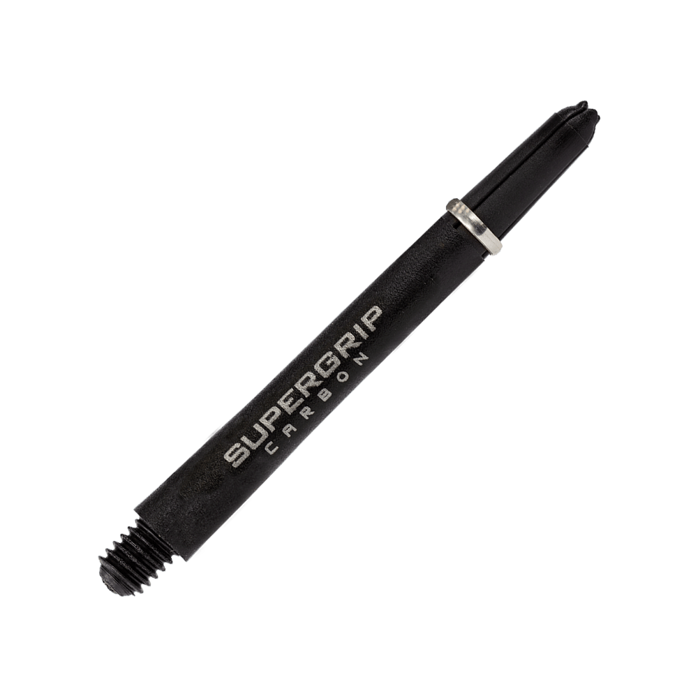 HR356_Harrows_Supergrip_Carbon_Shafts_Silber_47mm_2 Das Bild zeigt einen Harrows Supergrip Carbon Shaft in Silber. Der Schaft ist schwarz mit silbernen Akzenten und der Aufschrift "Supergrip Carbon".