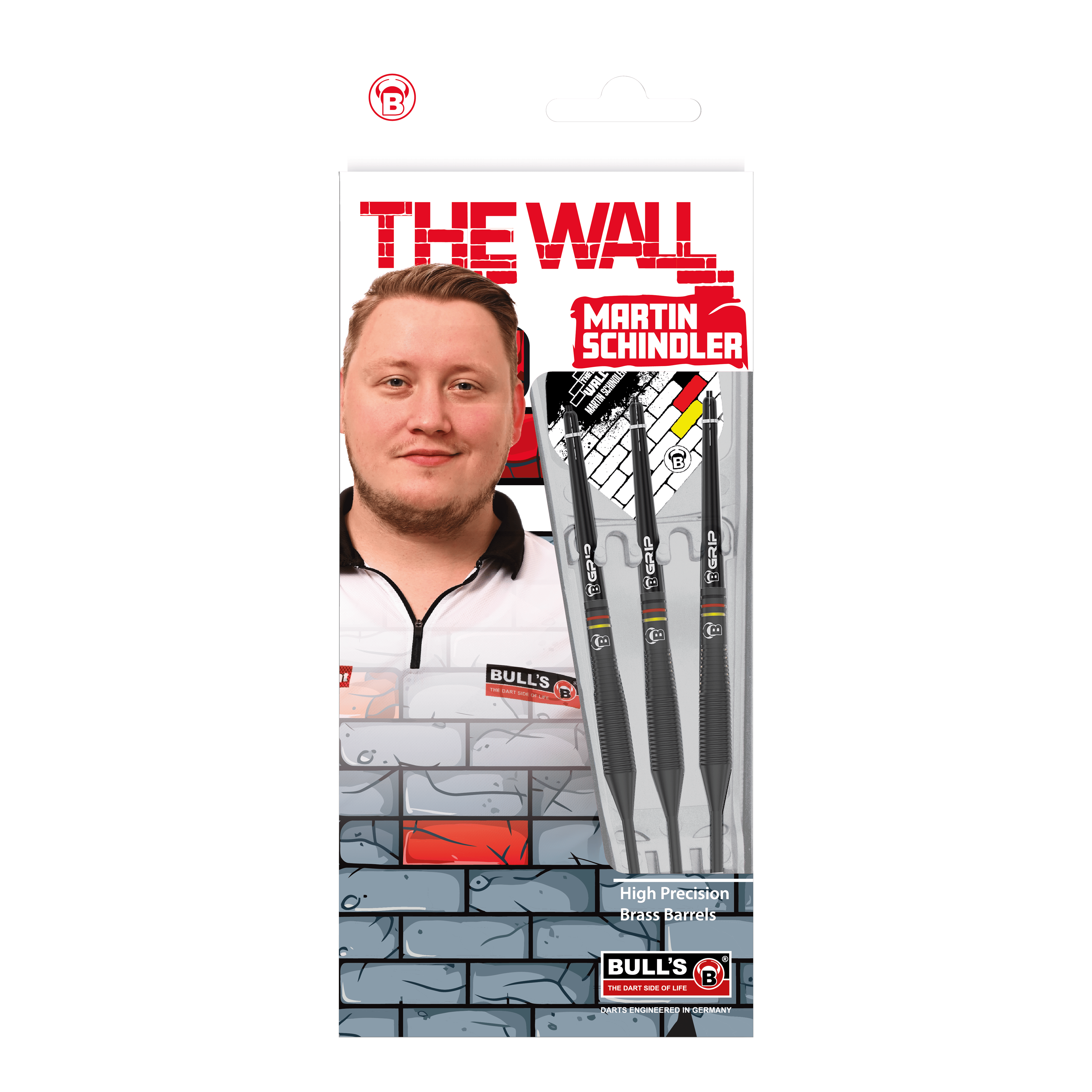 Byki Martin Schindler The Wall Black Brass Steeldarts Auf dem Bild ist die Verpackung der "Bulls Martin Schindler The Wall Black Brass Steeldarts" zu sehen. Auf der Vorderseite sind das Produkt, ein Porträt von Martin Schindler und das Markenlogo abgebildet.