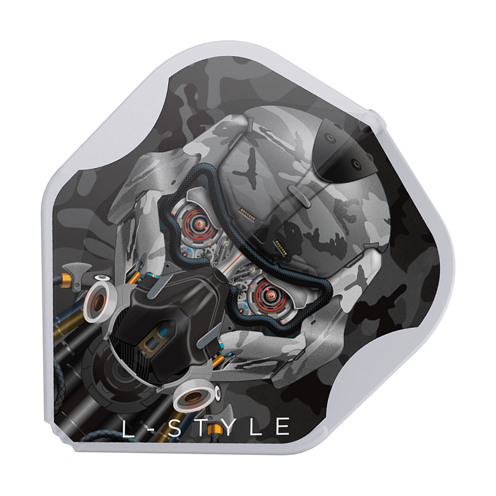Das Bild zeigt einen L-Style Berry Van Peer V4 Type D Clear White L1EZ Flug für Darts. Das Design zeigt einen futuristischen Roboterkopf mit Camouflage-Muster und technischen Details.