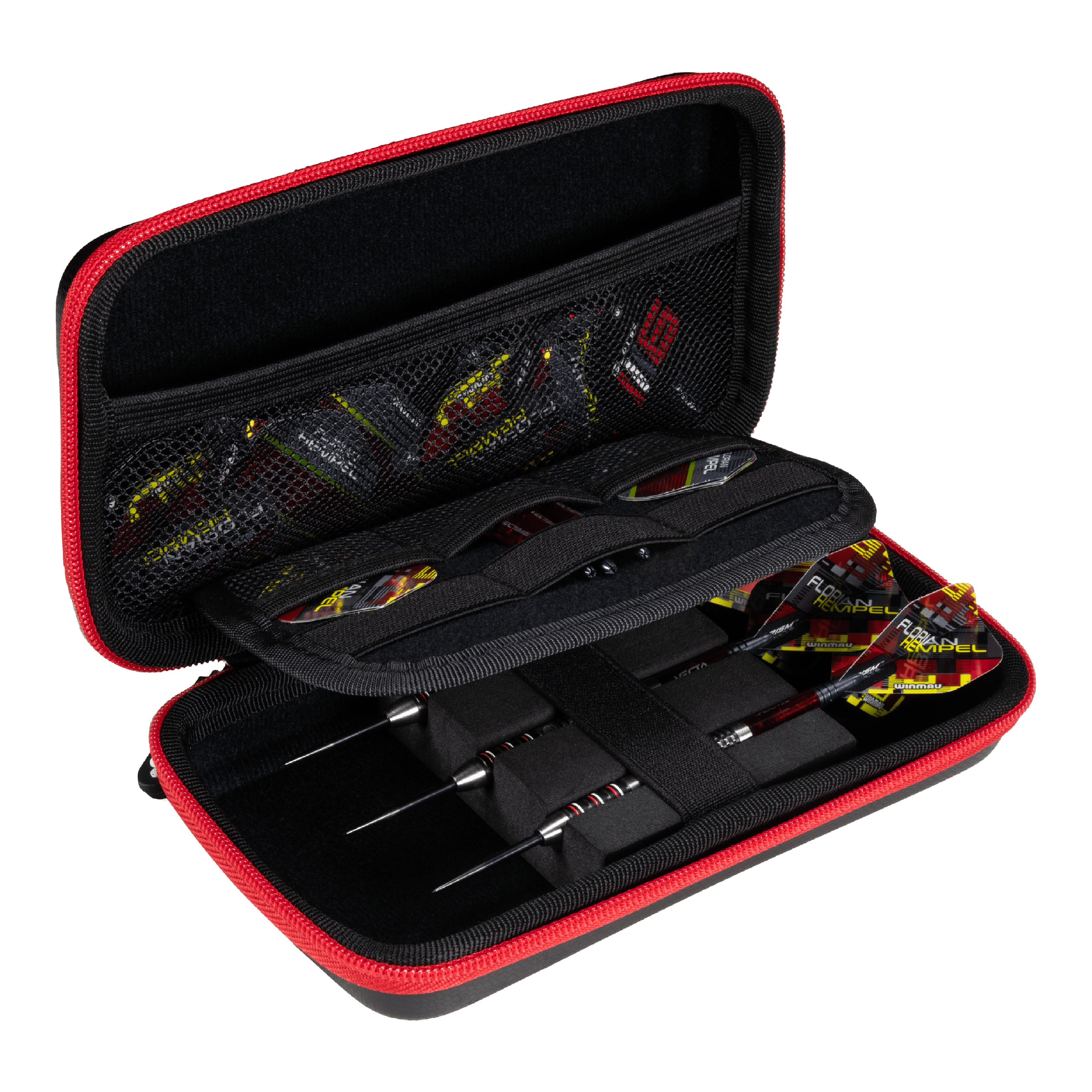 Etui na lotki Winmau Florian Hempel Tour Edition Das Bild zeigt das Winmau Florian Hempel Tour Edition Dartcase, das geöffnet und mit Darts sowie Zubehör bestückt ist. Die Darttasche hat einen schwarzen Innenraum mit Netzfächern und wird von einem roten Reißverschluss umrandet.