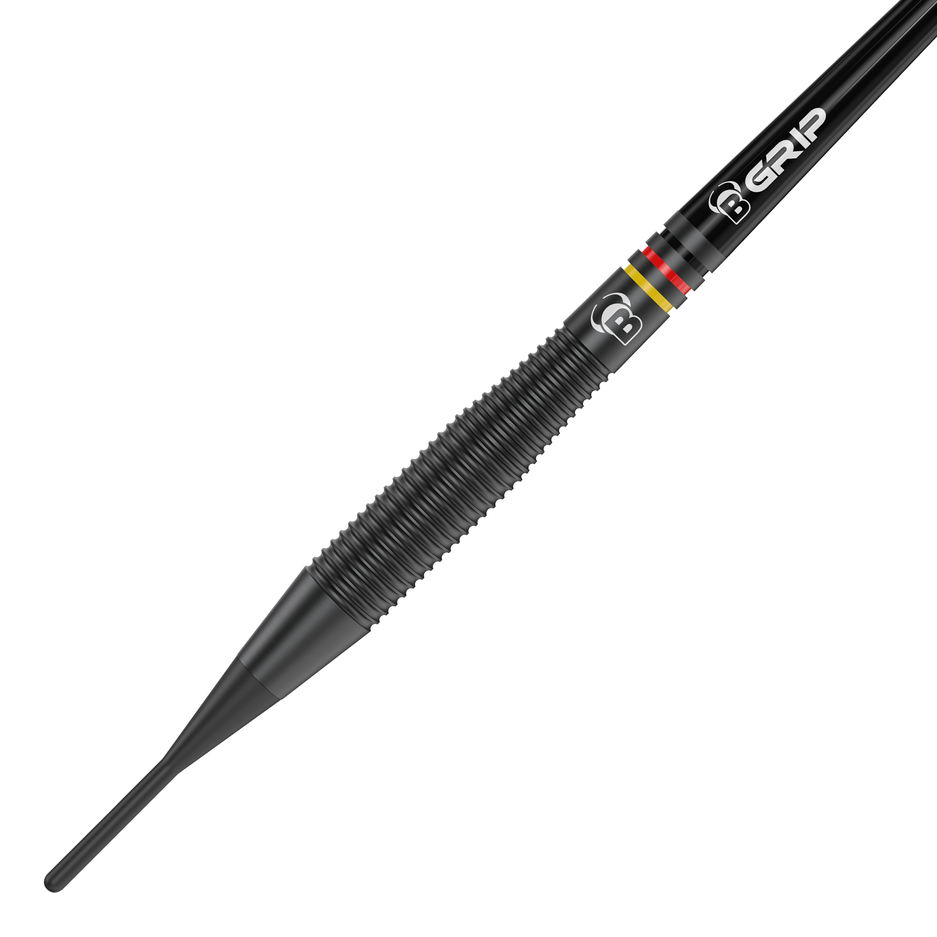 Das Bild zeigt einen schwarzen Softdart mit auffälligen Rillen für besseren Halt. Auf dem Dart sind außerdem farbige Ringe und die Aufschrift "B GRIP" zu sehen.