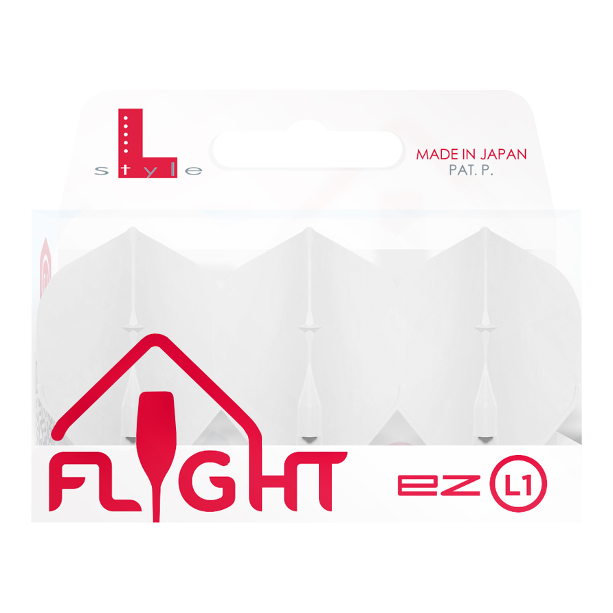 L-Style Champagne L1EZ Standard Flights Das Bild zeigt eine Packung mit weißen L-Style Champagne L1EZ Standard Flights. Die Verpackung ist durchsichtig und mit roten sowie grauen Aufschriften gestaltet.