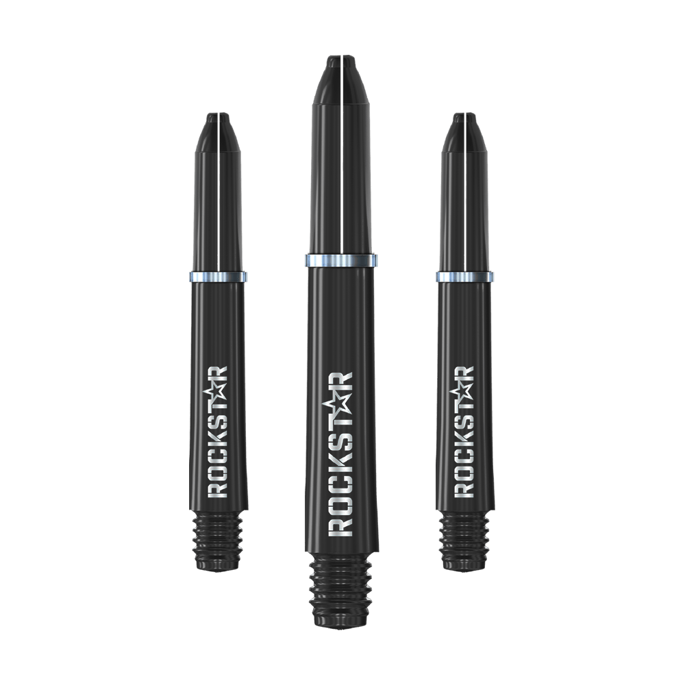 Winmau Joe Cullen Rockstar Nylon Shafts Czarny Das Bild zeigt drei schwarze Dartschäfte mit der Aufschrift "ROCKSTAR". Sie sind jeweils mit einem silbernen Metallring versehen.