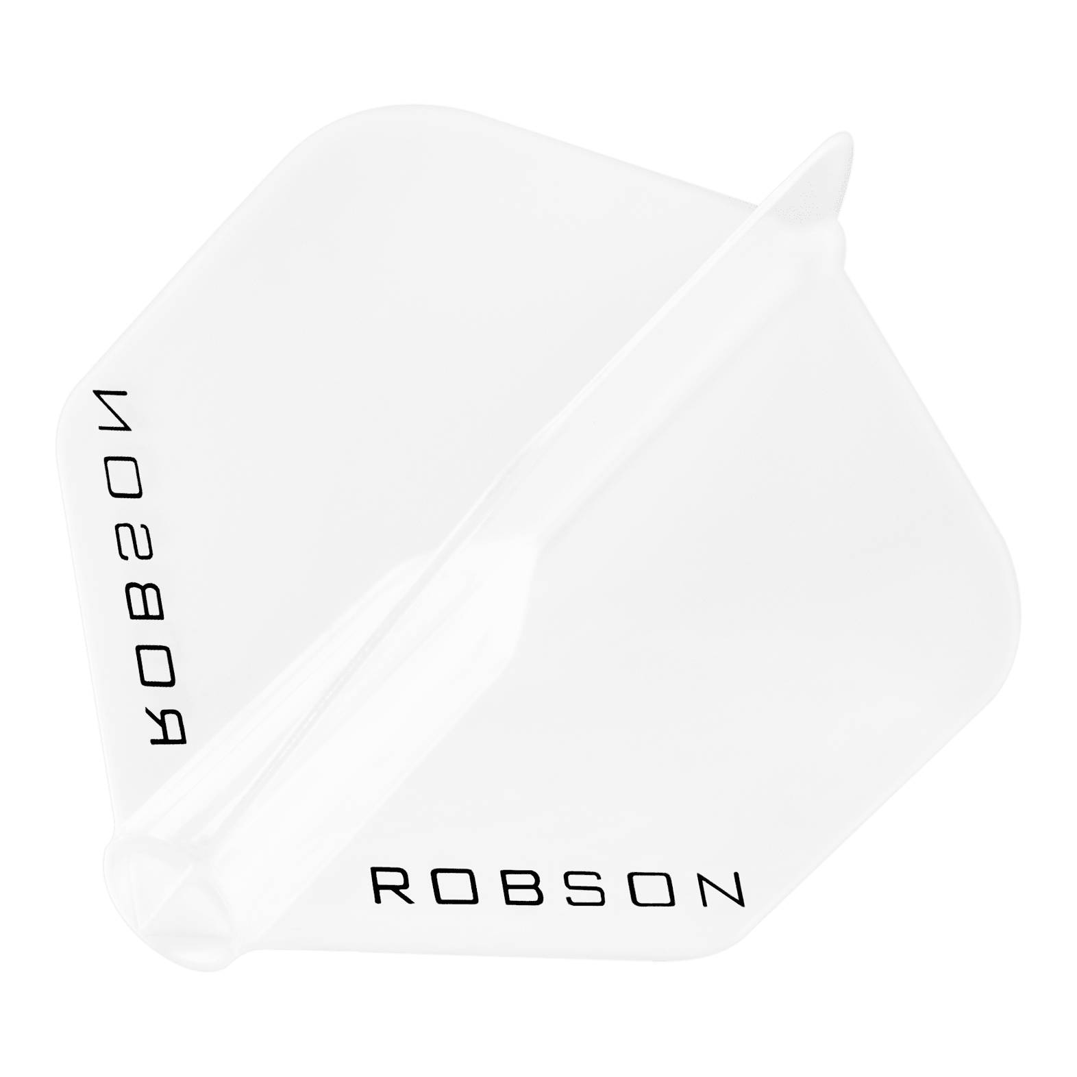 Loty Robson Plus — standardowe Das Bild zeigt einen klaren Dart-Flügel mit der Aufschrift "ROBSON". Der Flügel hat eine standardmäßige, sechseckige Form.
