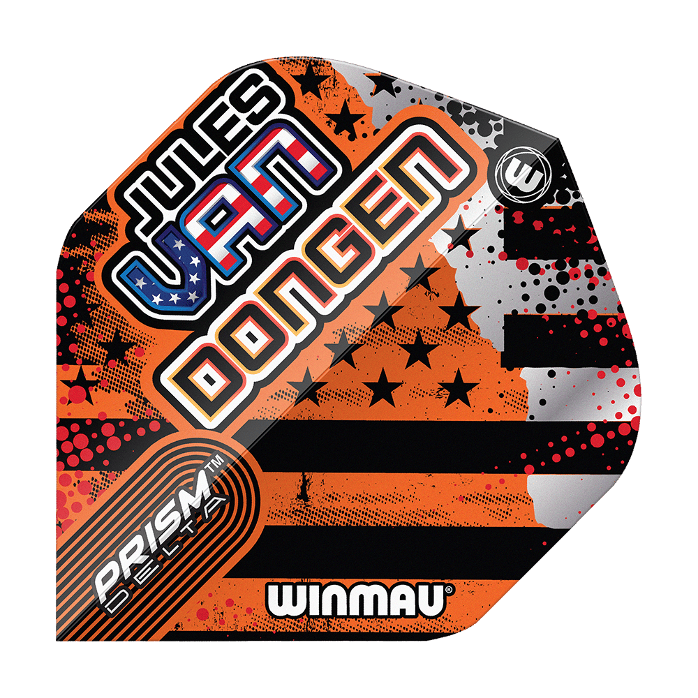 Loty standardowe Winmau Prism Delta Jules Van Dongen Das Bild zeigt ein Winmau Prism Delta Dart-Flight mit dem Namen "Jules Van Dongen". Das Flight-Design enthält auffällige Farben, Sterne und Streifen sowie den Schriftzug "Winmau".