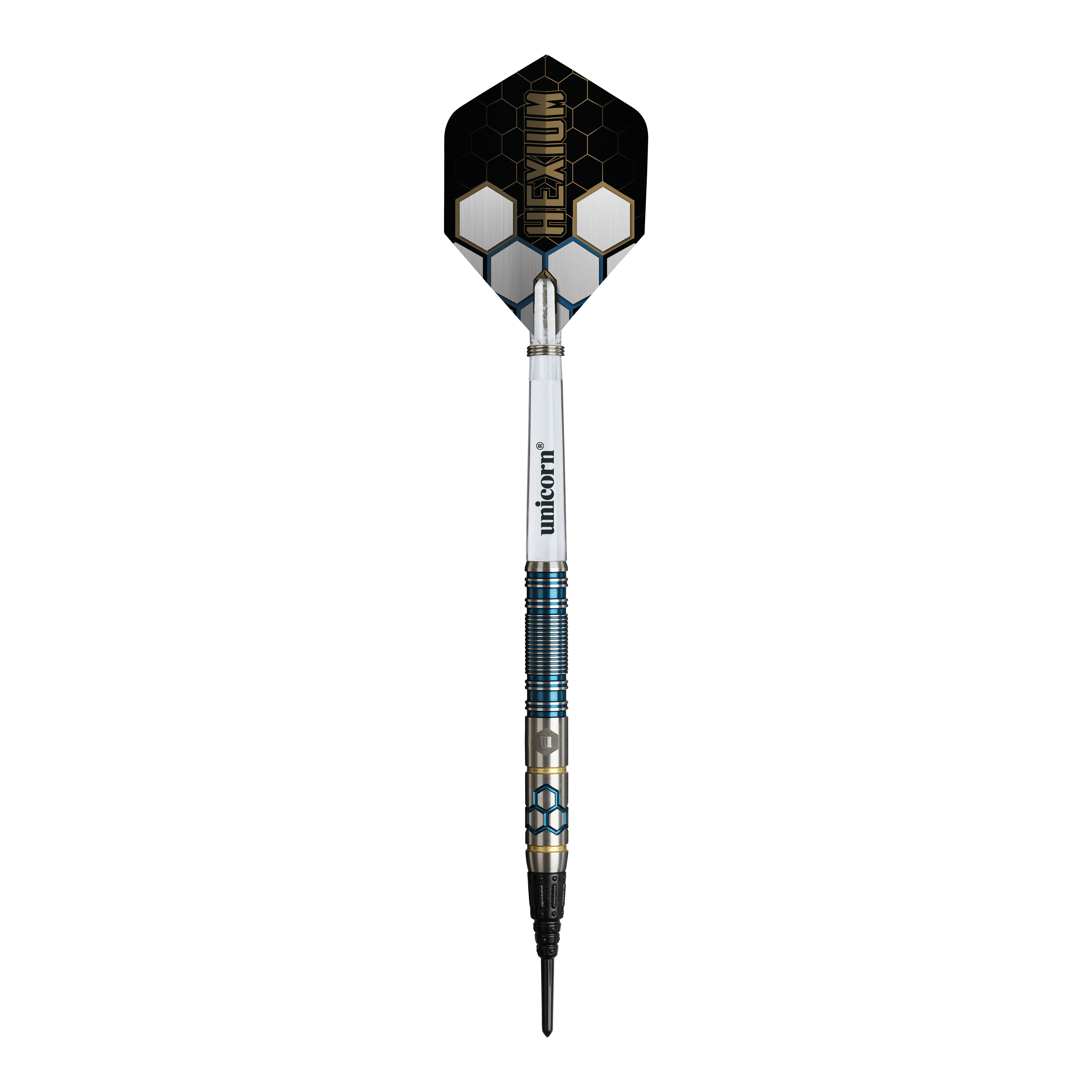 Unicorn Hexium Style 02 Niebiesko-złote miękkie lotki - 21 g Hier sieht man die Unicorn Hexium Style 02 Blue & Gold Softdarts - 21g. Die Darts sind in Blau und Gold gehalten.