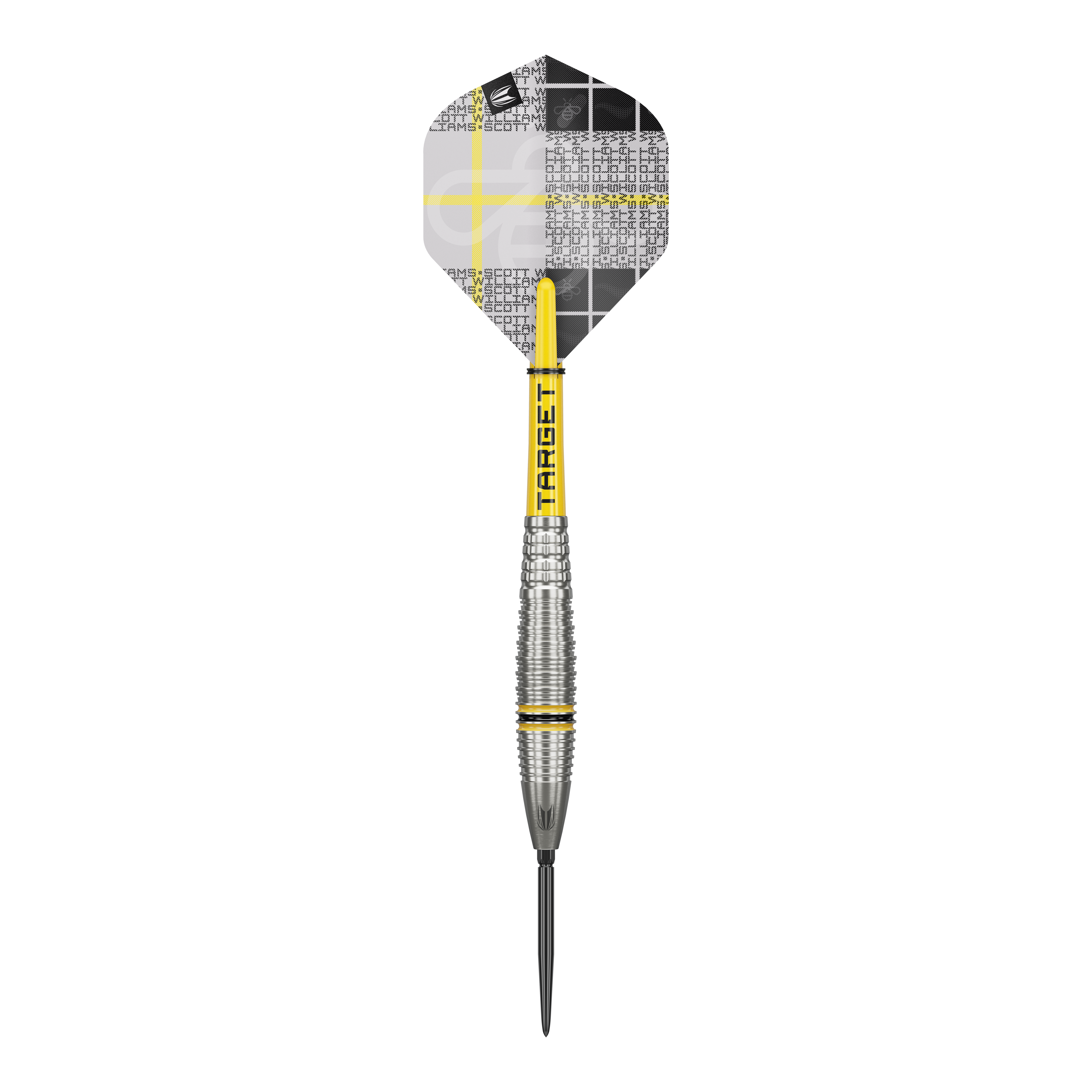 Target Scott Williams GEN2 Swiss Point Steeldarts Dieses Bild zeigt einen Target Scott Williams GEN2 Swiss Point Steeldart. Der Dartpfeil hat ein silbernes Griffstück mit gelben Akzenten und ein individuell gestaltetes Flight-Design.
