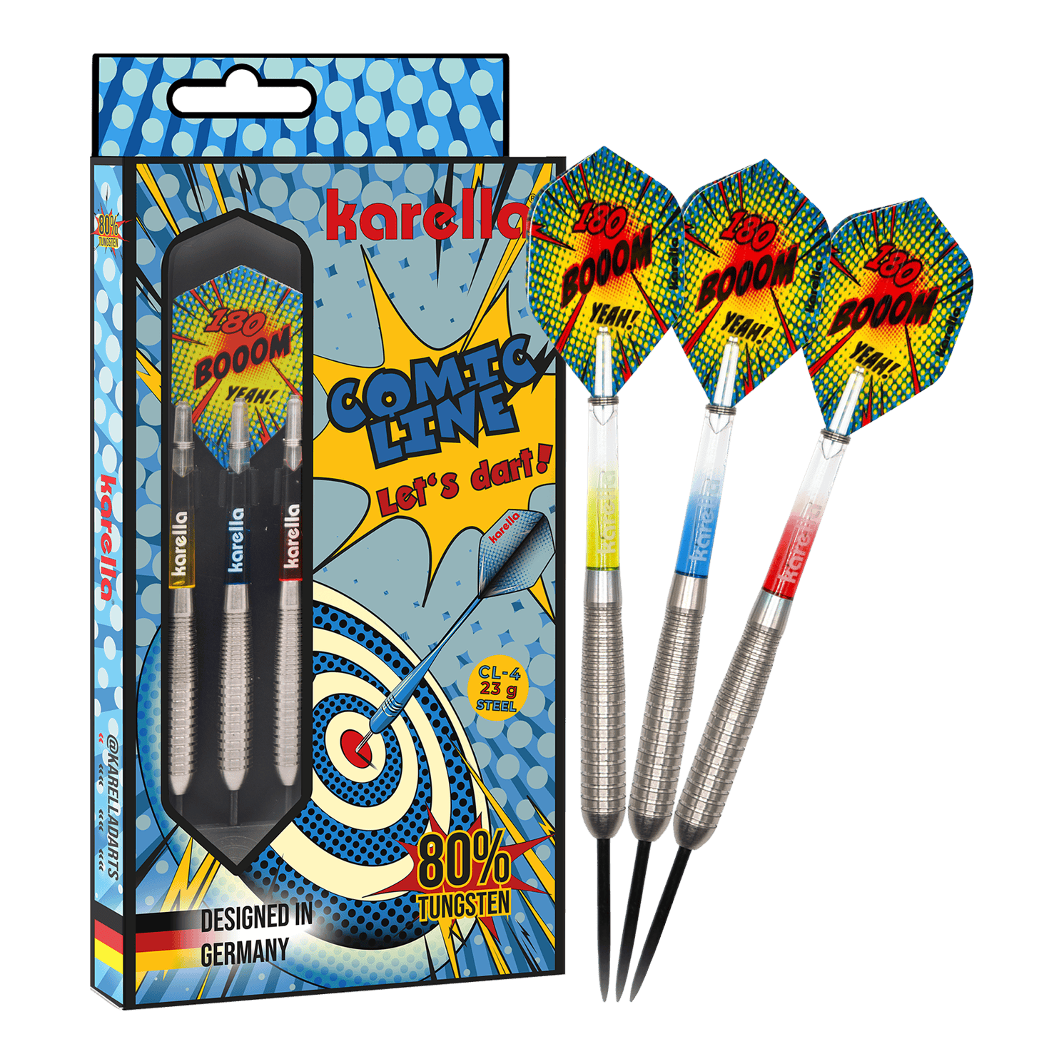 Karella Comic Line CL-4 stalowe lotki - 23g Das Bild präsentiert die Karella Comic Line CL-4 Steeldarts mit einem Gewicht von 23g. Diese Darts sind robust und für ambitionierte Spieler konzipiert.