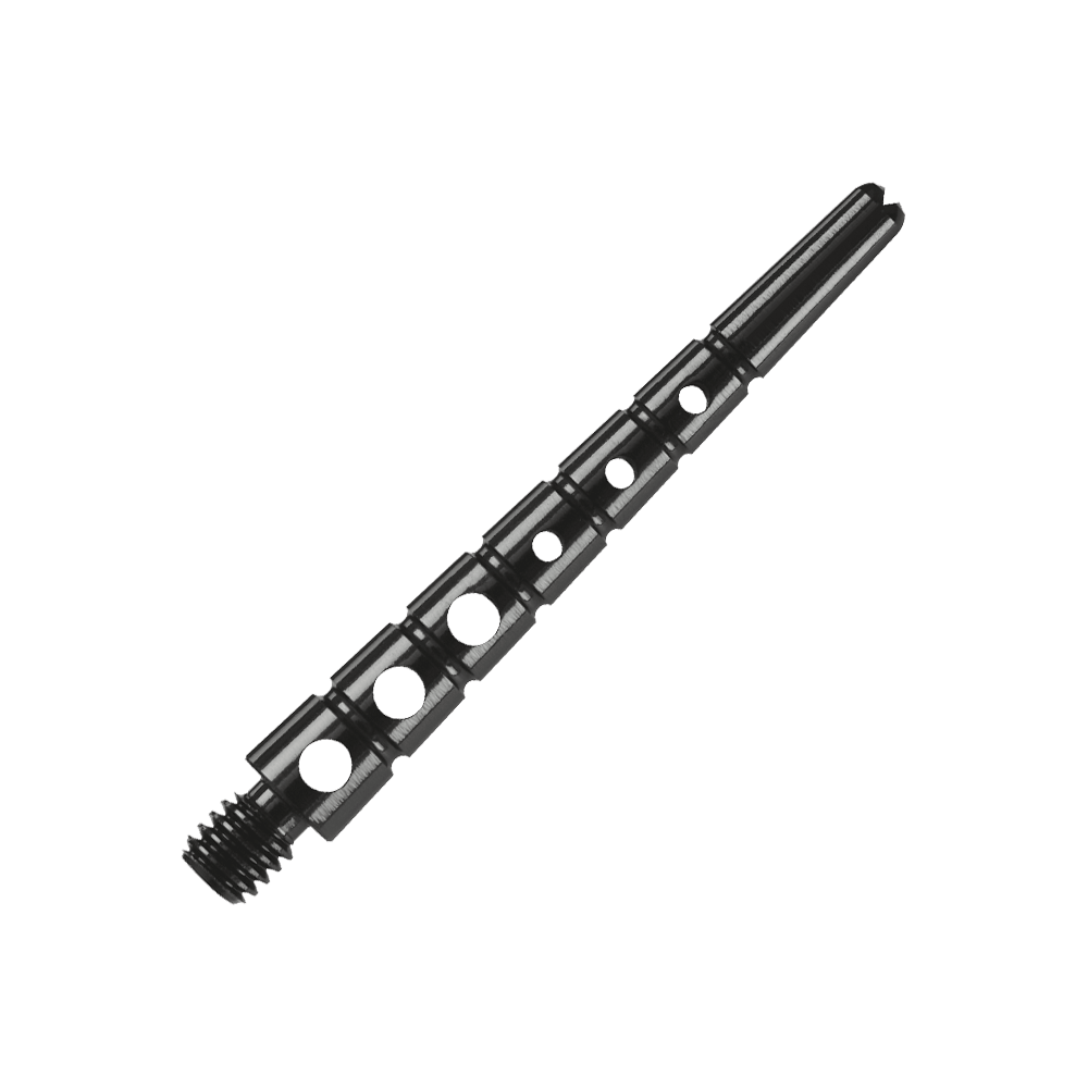 901941_Harrows_Graflite_Shafts_Schwarz_2 Das Bild zeigt einen Harrows Graflite Shaft mit einer Länge von 41 mm. Der Shaft ist schwarz und hat mehrere runde Aussparungen entlang seines Körpers.