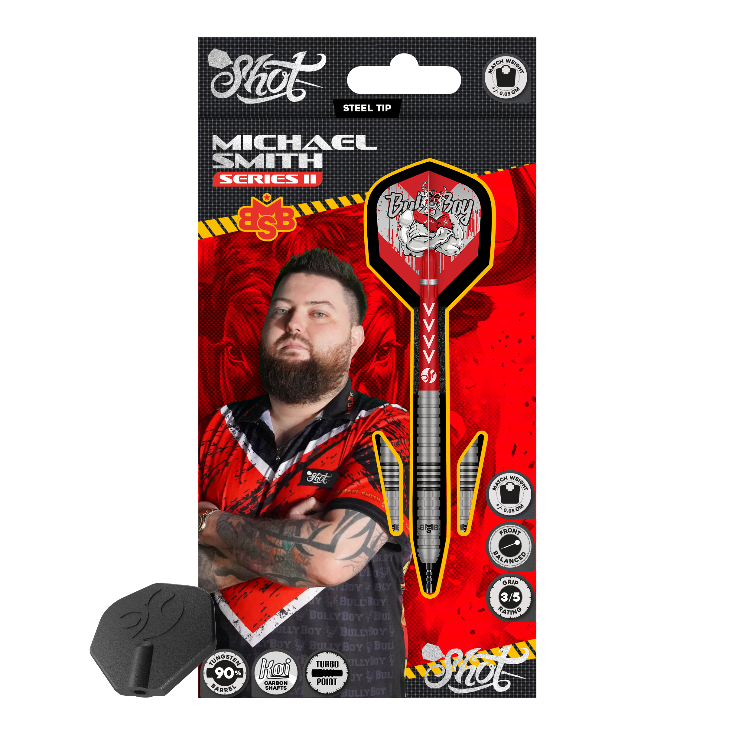 Shot Michael Smith Series 2 Turbo Point stalowe lotki Abgebildet sind die Shot Michael Smith Series 2 Turbo Point Steeldarts. Sie sind speziell für Präzision und Kontrolle beim Dartspielen entwickelt.