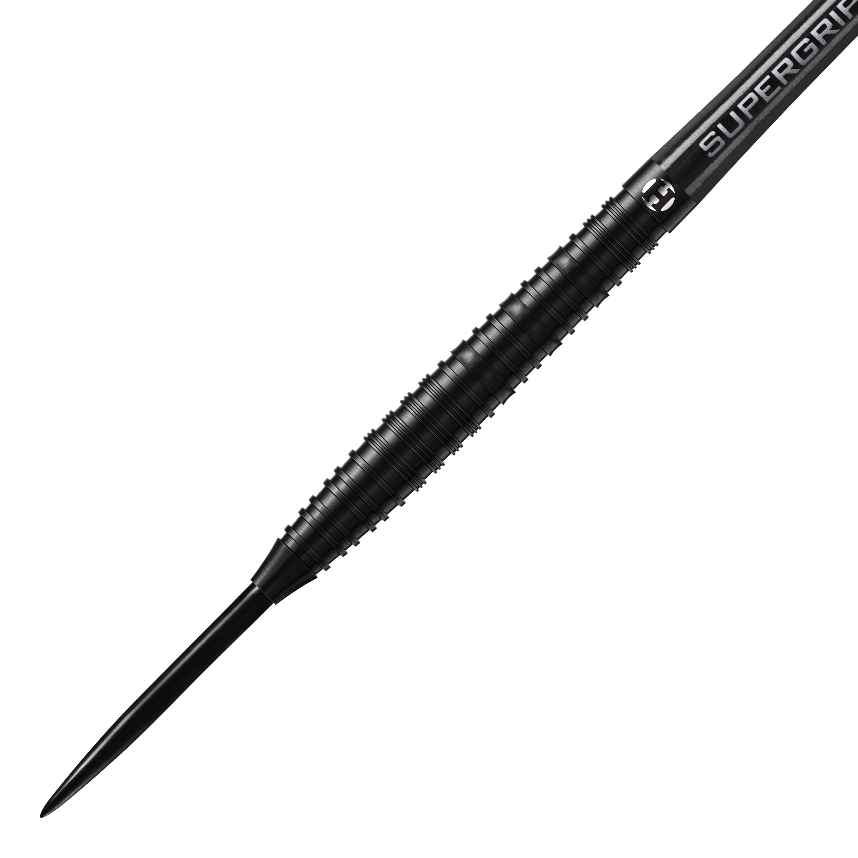 Stalowe lotki Harrows NX90 Black Edition Das Bild zeigt einen Harrows NX90 Black-Edition Steeldart. Der Dartpfeil ist komplett schwarz und hat eine geriffelte Griffzone für besseren Halt.