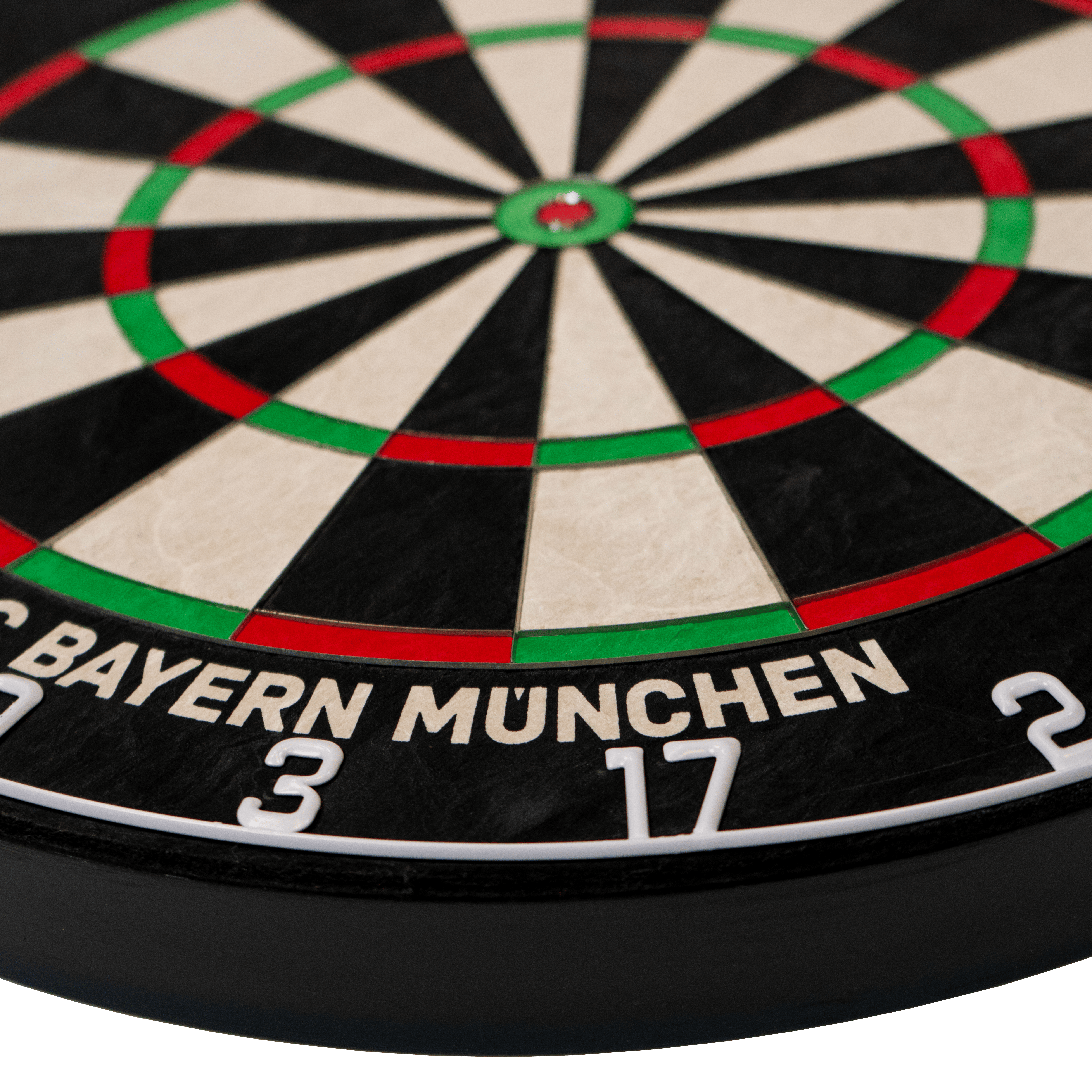 Das Bild zeigt das Bulls FC Bayern München Bristle Steeldartboard. Es handelt sich um eine Scheibe zum Dartspielen mit dem Logo des FC Bayern München.