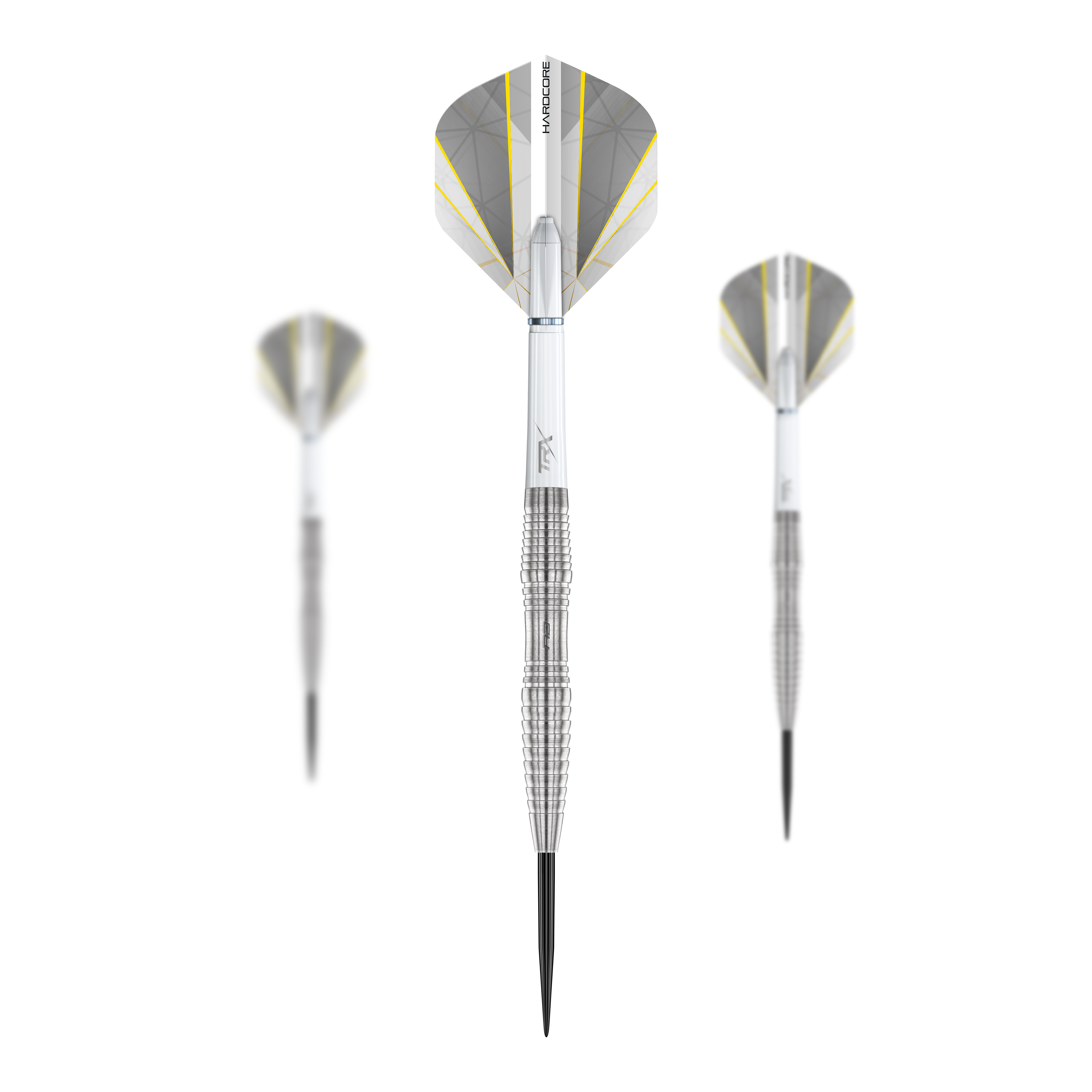 Red Dragon Seren 3 Czyste Steeldarts Das Bild zeigt drei Red Dragon Seren 3 Pure Steeldarts. Die Darts haben silberne Spitzen und silbergraue Flights mit gelben Akzenten.
