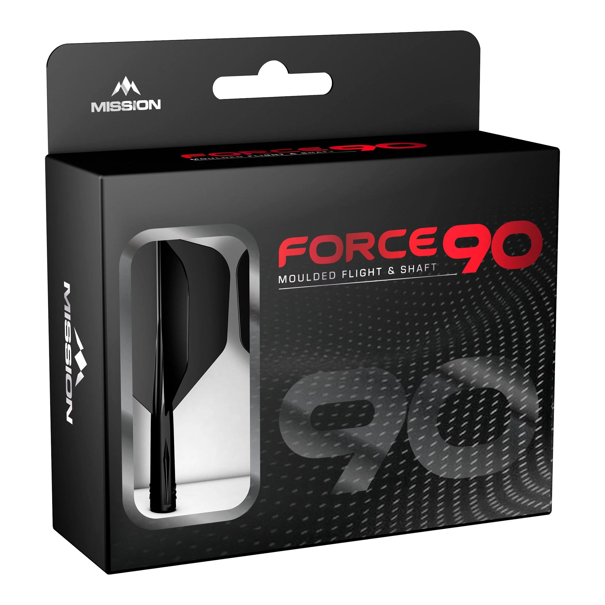 Mission Force 90 No6 Flight Shaft System - Czarny Die Abbildung zeigt die Verpackung des Produkts "Mission Force 90 No6 Flight-Shaft-System - Schwarz". In der Box befindet sich ein schwarzes Flight- und Shaft-System für Darts.