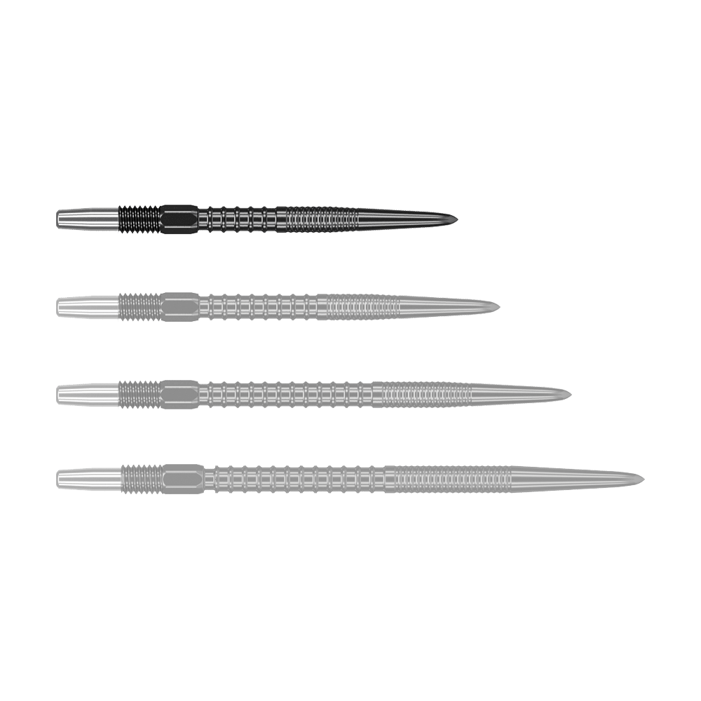 Auf dem Bild sind vier schwarze Dartspitzen in einer Reihe zu sehen. Sie sind aus Metall und haben ein modernes, gerilltes Design.