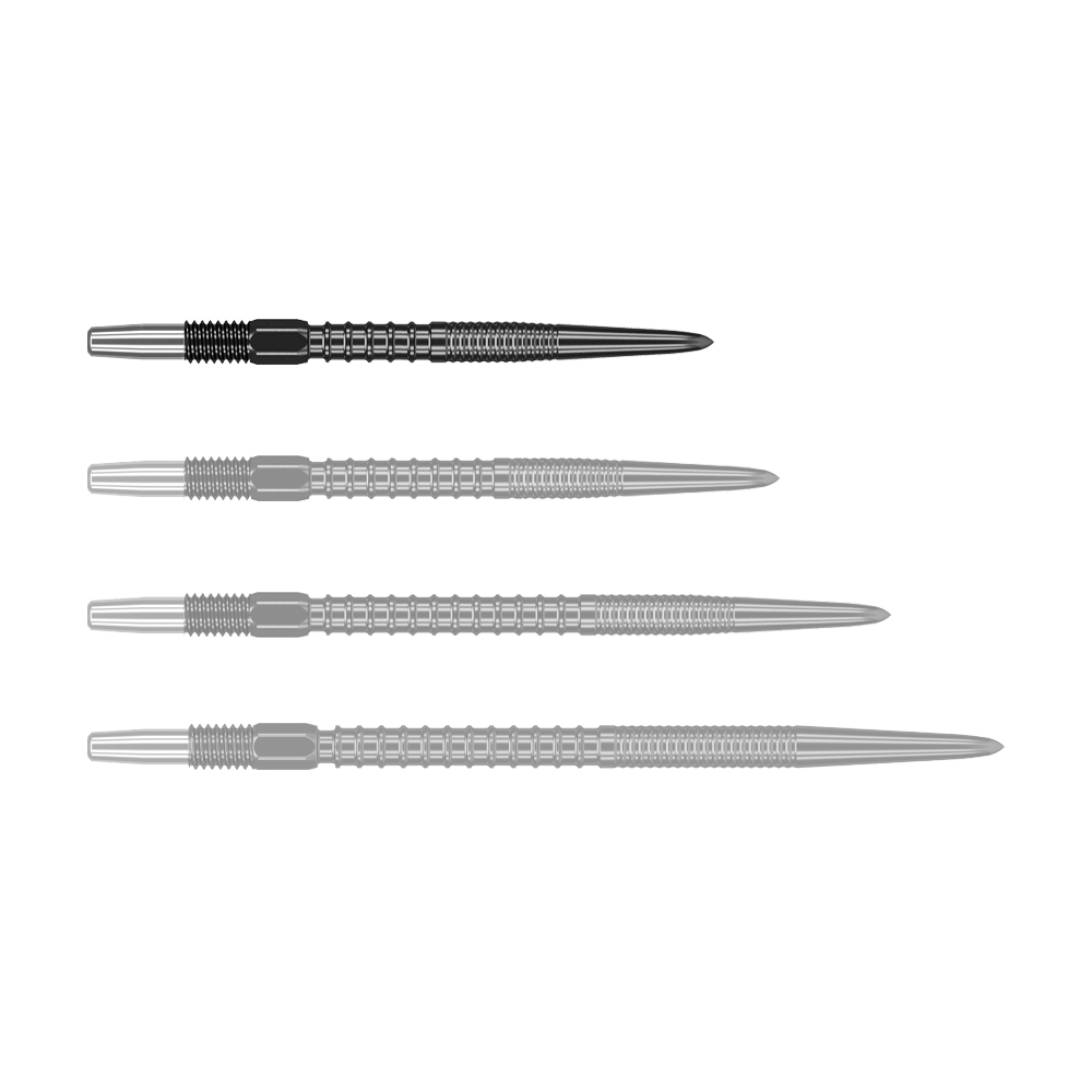 Końcówki lotek Target Swiss Firepoint Black Auf dem Bild sind vier schwarze Dartspitzen in einer Reihe zu sehen. Sie sind aus Metall und haben ein modernes, gerilltes Design.