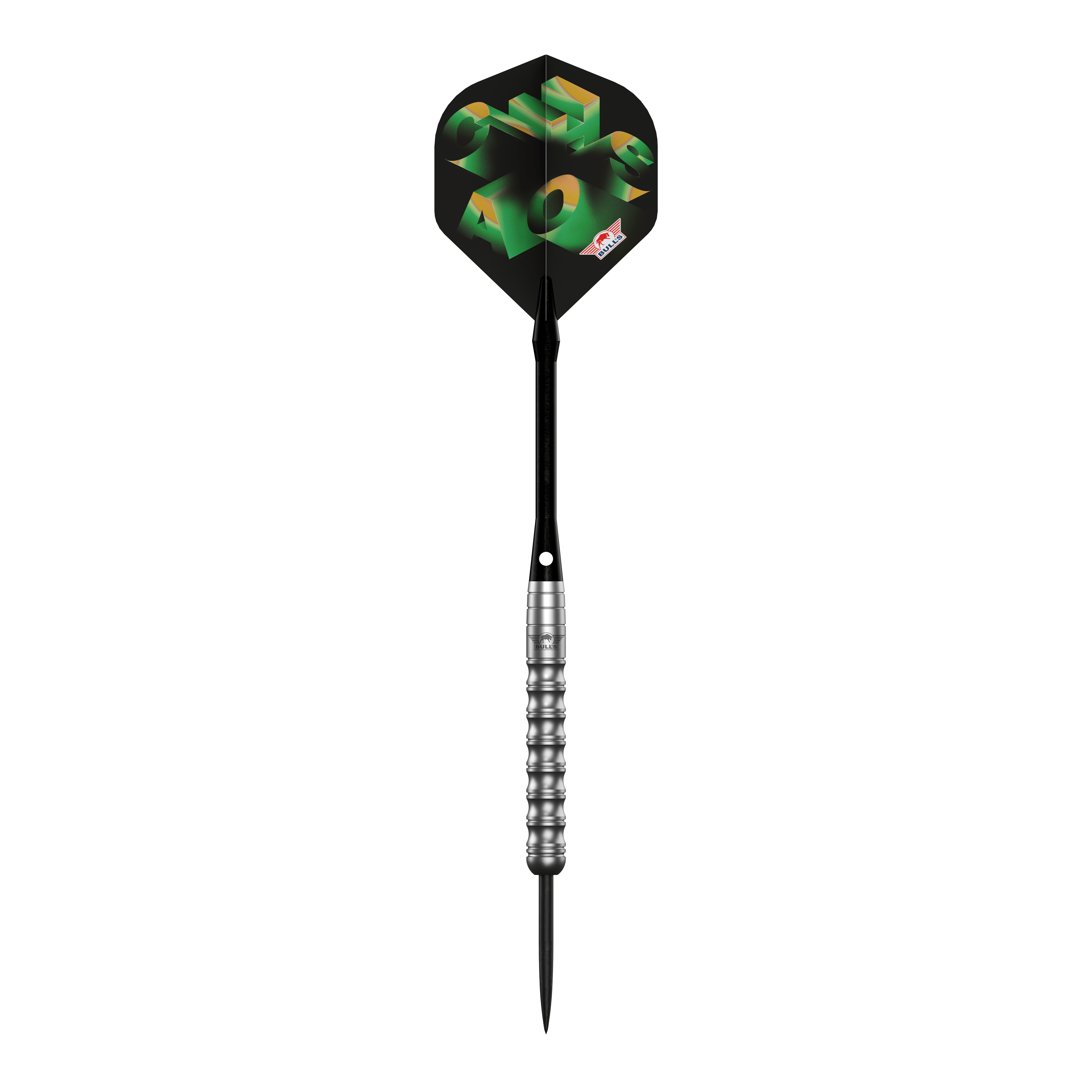 Das Bild zeigt die Bulls NL Chaos Green Steeldarts - 24g. Es handelt sich um ein Set grüner Steeldarts für Dartspieler.