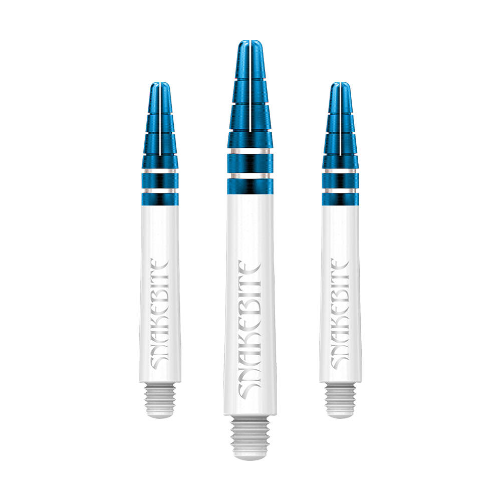 C802_Red_Dragon_Nitrotech_Peter_Wright_White_Blue_Shafts_39mm_1 Das Bild zeigt drei Dartschäfte in Weiß und Blau mit der Aufschrift "Snakebite". Es handelt sich um die Red Dragon Nitrotech Peter Wright Blue Shafts mit einer Länge von 39 mm.