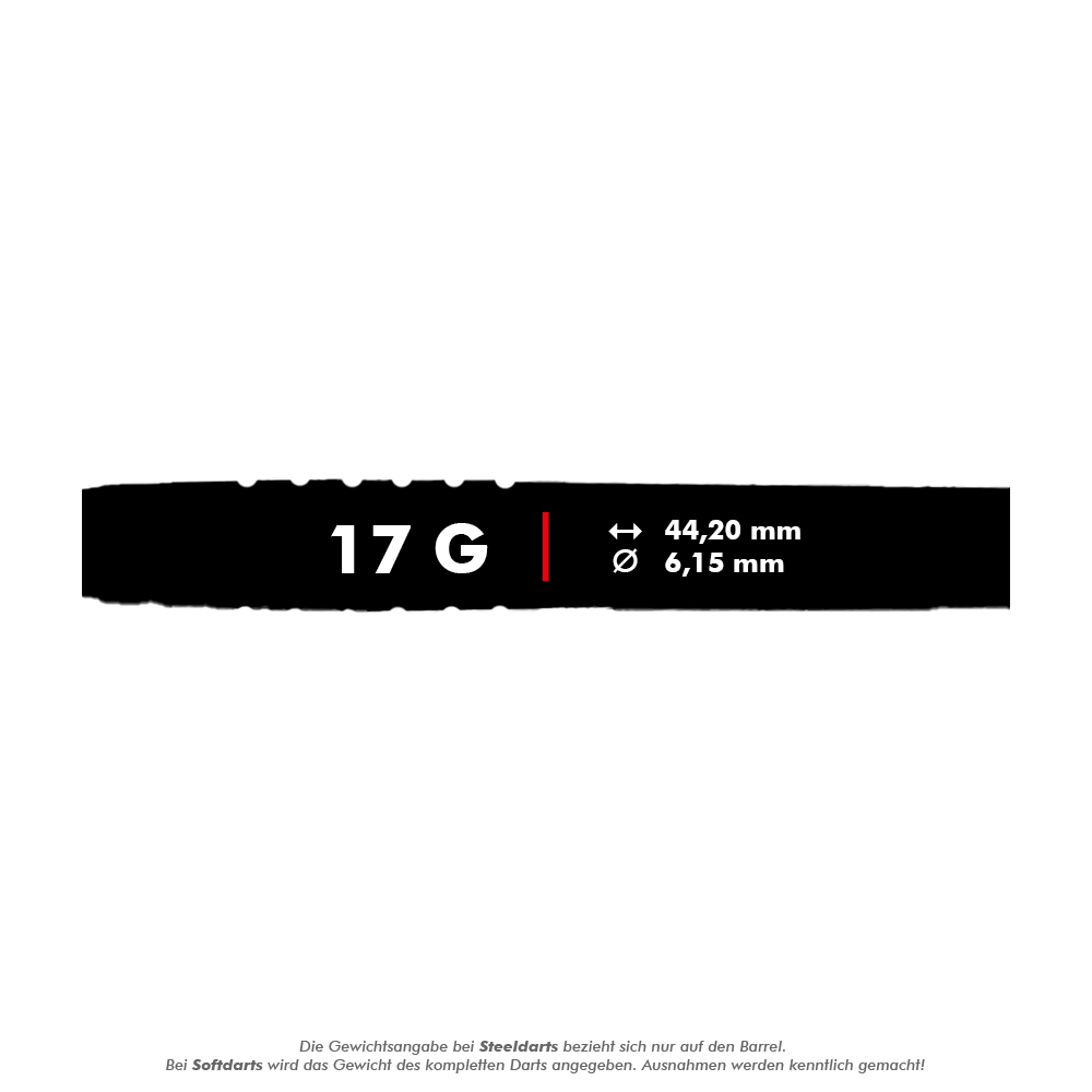 Lotki McDart 85 Tungsten V14 Soft Darts - 17g Das Bild zeigt die Produktdetails der McDart 85er Tungsten V14 Softdarts mit einem Gewicht von 17 Gramm. Die Länge beträgt 44,20 mm und der Durchmesser 6,15 mm.