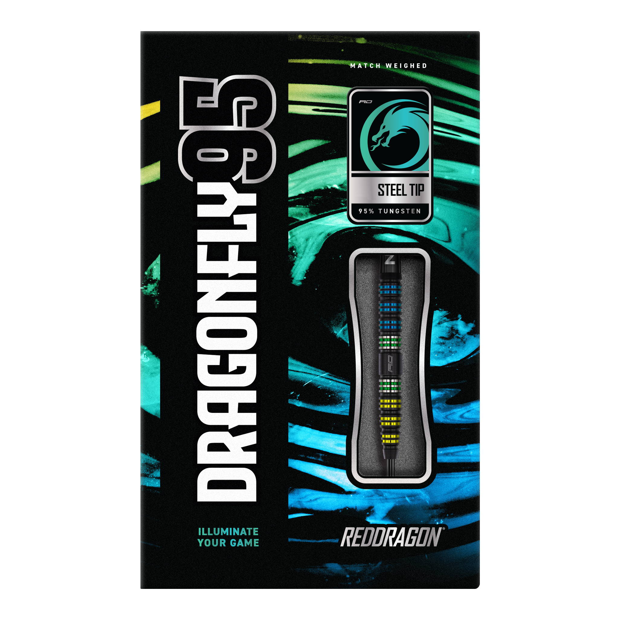 Czerwone lotki Dragonfly 95 ze stali stożkowej w kolorze czarnym Auf dem Bild ist die Verpackung der "Red Dragon Dragonfly 95 Black Tapered Steeldarts" zu sehen. Die Schachtel hebt das Design der Darts sowie den Schriftzug und die Materialien hervor.