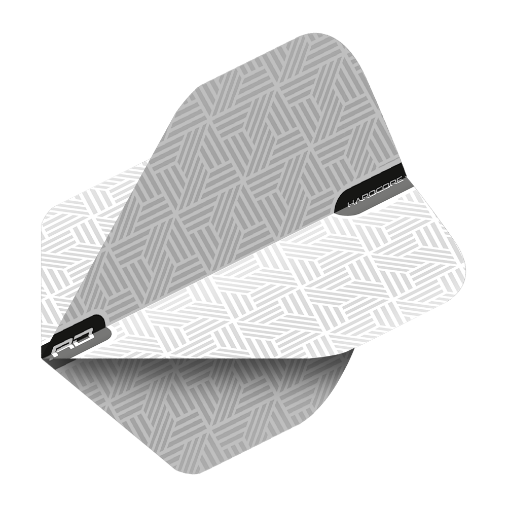 TF6427_Red_Dragon_Hardcore_White_Standard_Flights_2 Das Bild zeigt einen weißen Dartflight mit geometrischem Muster. Auf dem Flight steht der Schriftzug „HARDCORE“.